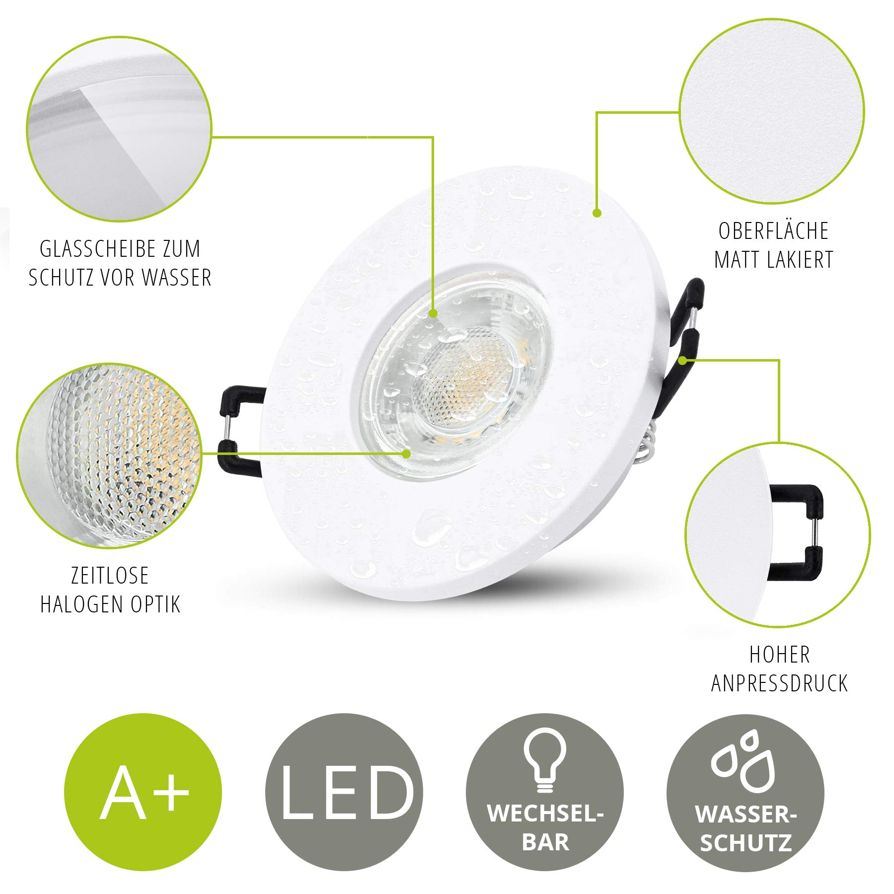 linovum 10 Stück ISAWO LED Einbaustrahler Bad rund & weiß IP65 für Außen & Dusche - LED GU10 5W warmweiß 230V Deckenstrahler