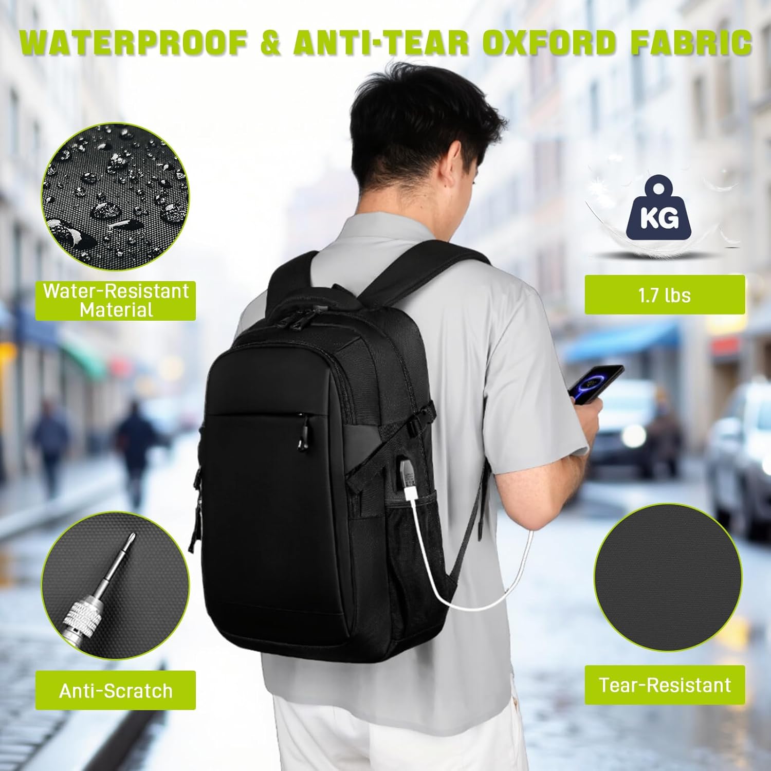 Casual Travel Backpack - Lightweight Carry on Backpack, Black Daily Backpack with USB Charging Port, Headphone Jack Black 30L image 4 of 8 B0FG2RZHJV