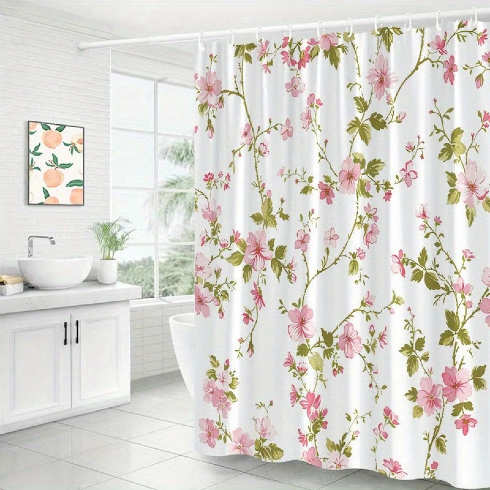Vintage Duschvorhang mit Pflanzenmotiv, rosa und weißen Blumen kombiniert mit grünen Blättern für Nassräume (240 x 199 cm / 94 x 87 Zoll (B x H))