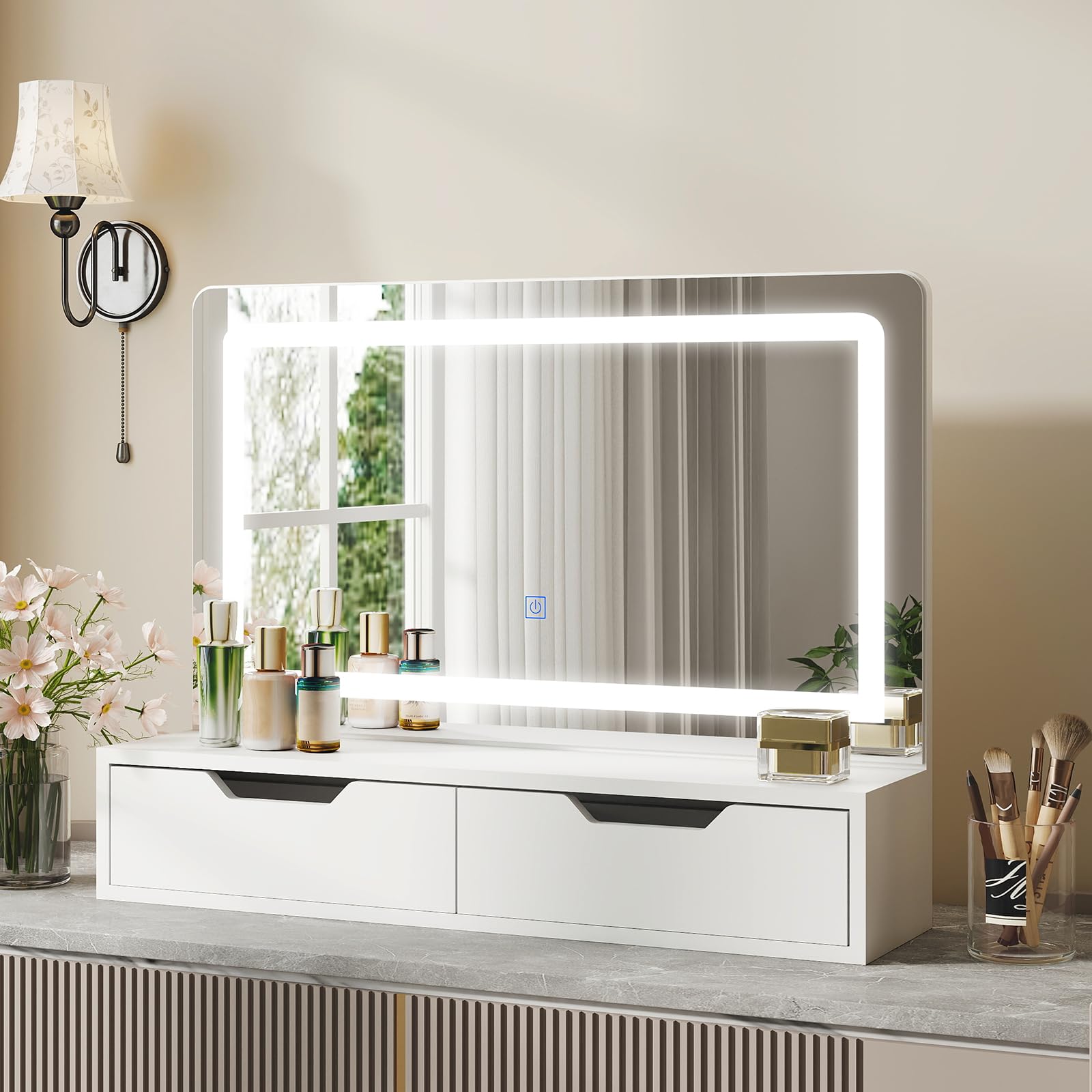 YOURLITE 65cm Hollywood Vanity Mirror with Dimmable LED Lights, 3 Lighting Modes, Touch Control, 2 Storage Drawers & Anti-Toppling Design, Tabletop Makeup Mirror
