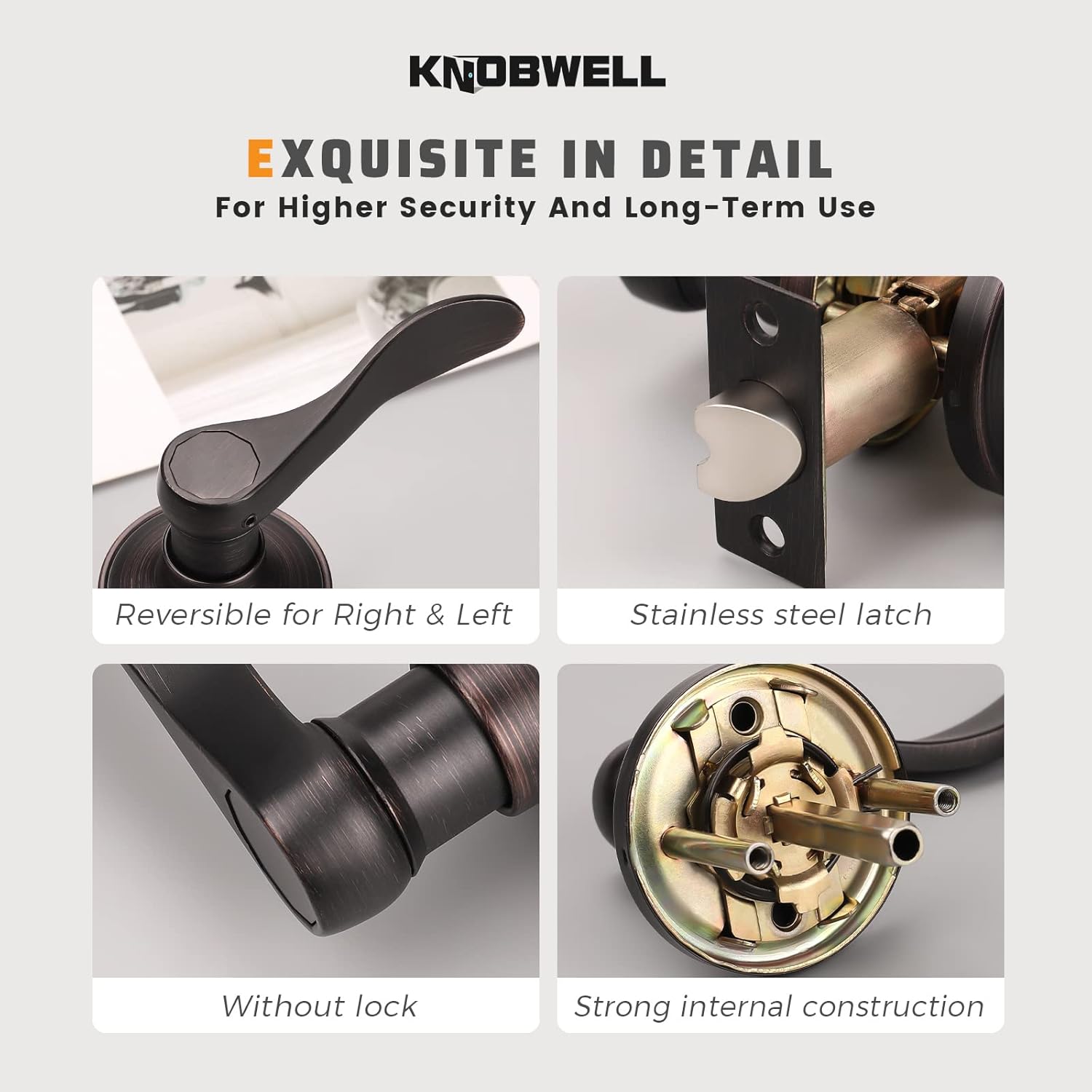 KNOBWELL 4 Pack Bronze Lever Door Handle, Oil Rubbed Brush Door Knobs Inside Door Handle, Passage Hallway Closet Door Handles Without Lock