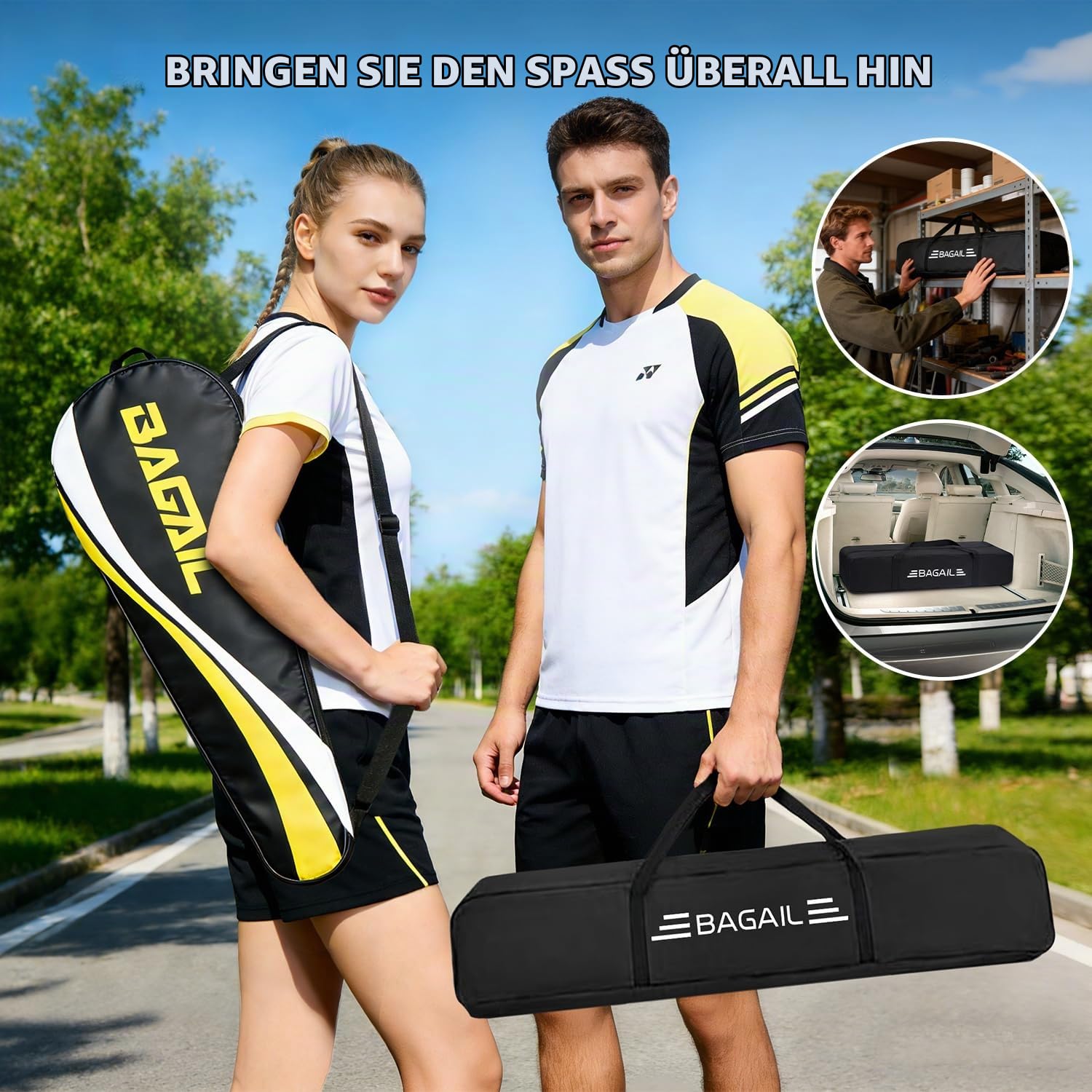 BAGAIL Sportnetz mit Pickleball- und Badminton-Sets, 3m | höhenverstellbares Netzsystem, tragbare Transporttasche, Aufbau ohne Werkzeug, ideal für Volleyball, Pickleball und Tennis