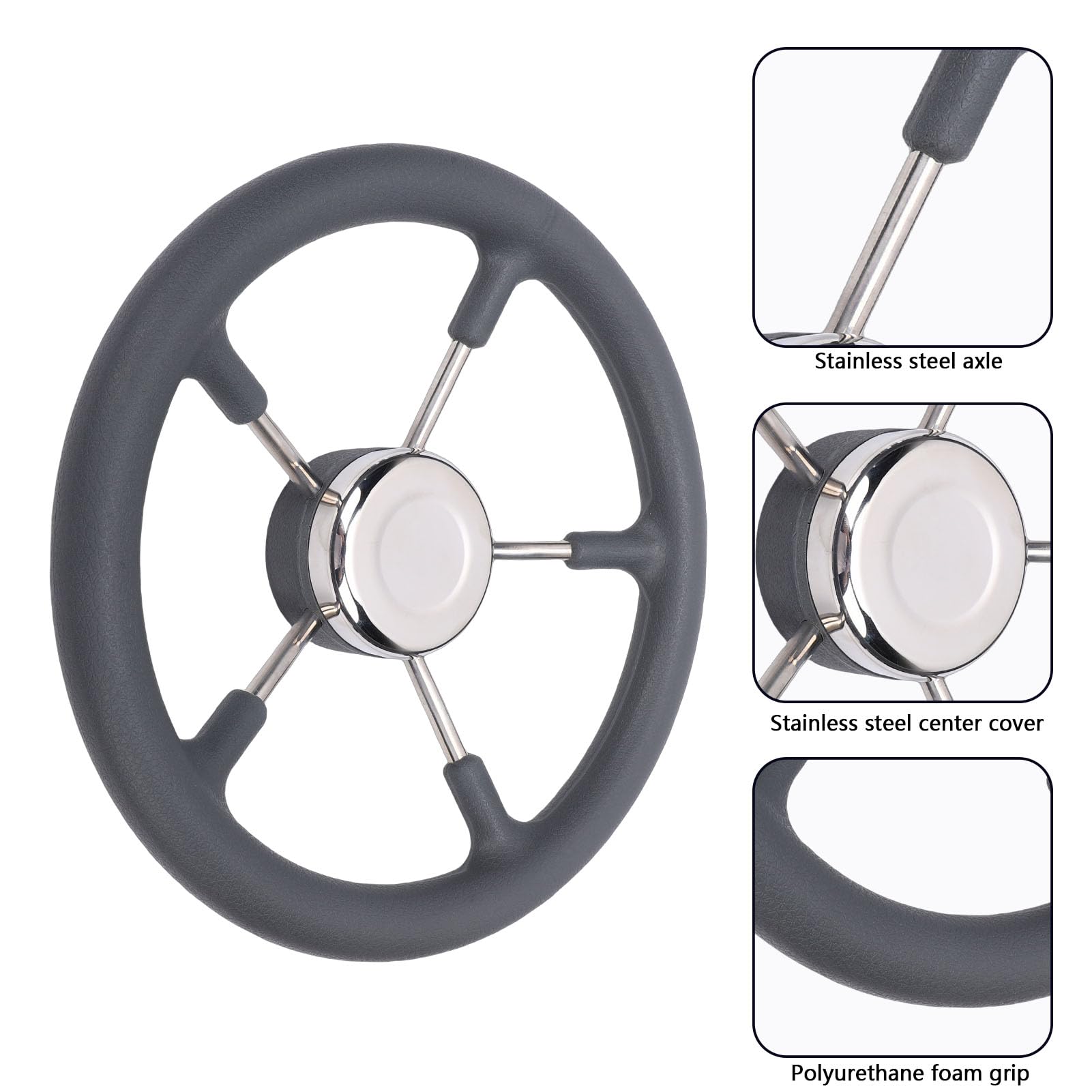 Naroote Volante para Barco de Acero Inoxidable de 13 Pulgadas, Rueda Marina de Acero Inoxidable 304, Rueda de 5 Radios de 15 ángulos con Agarre de Espuma, Ideal para Barcos con Eje Cónico Estándar