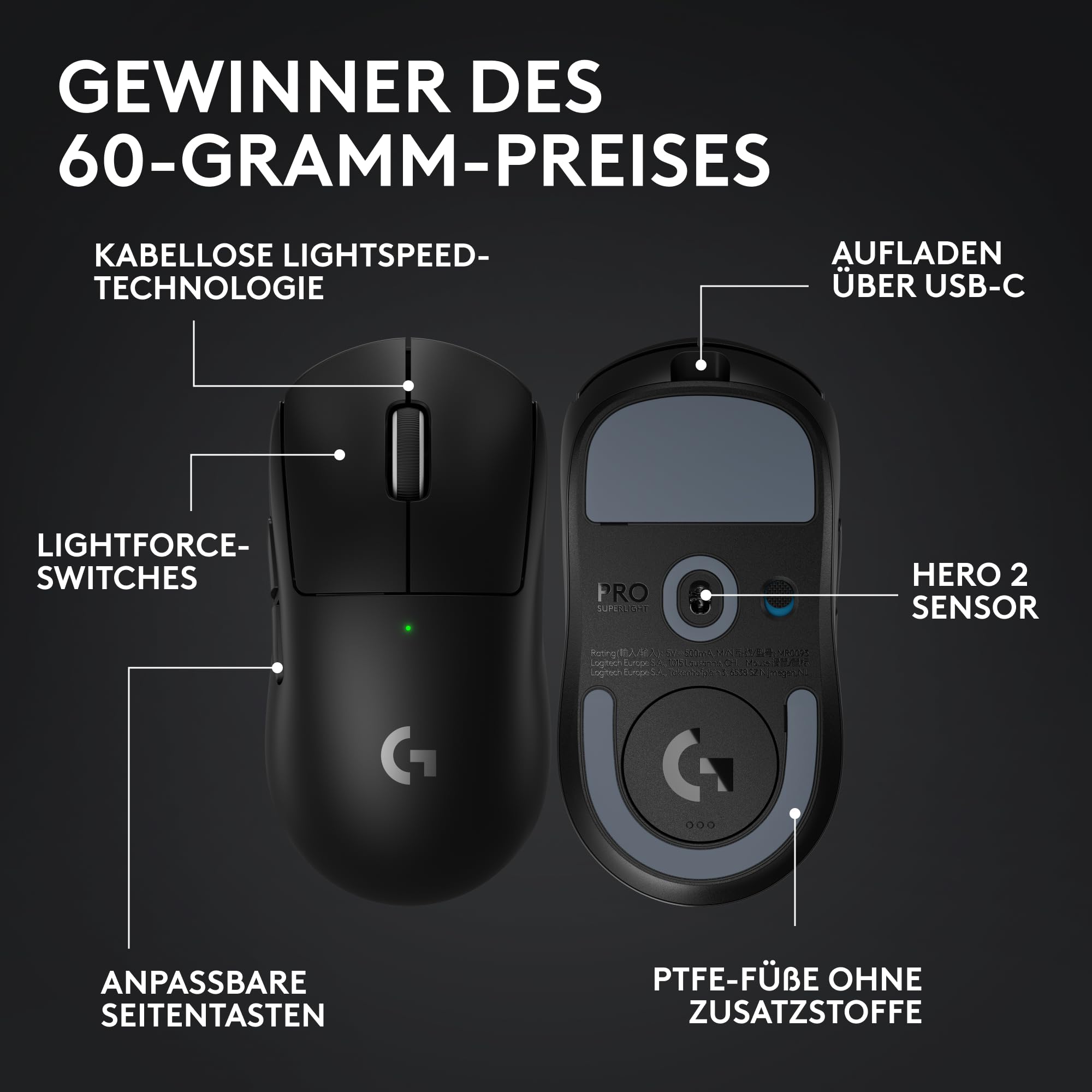 Logitech G PRO X SUPERLIGHT 2 kabellose Gaming-Maus, West Europa Verpackung, 60 g Pro-Grade-Maus... Ansicht 8