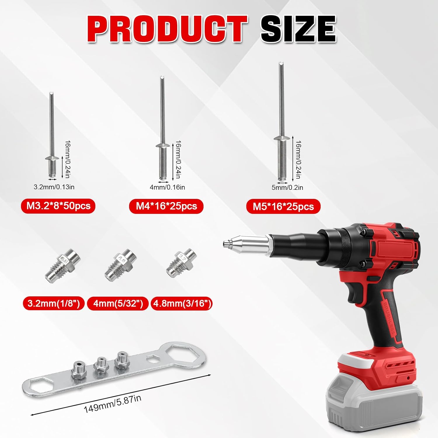 Cordless Rivet Gun Compatible with Milwaukee 18V Battery, Brushless Electric Rivet Gun with 3 Sizes Steel Rivets(1/8",5/32",3/16"), Automatic Rivet Nut Tool for Metal, Plastic, Leather (No Battery)