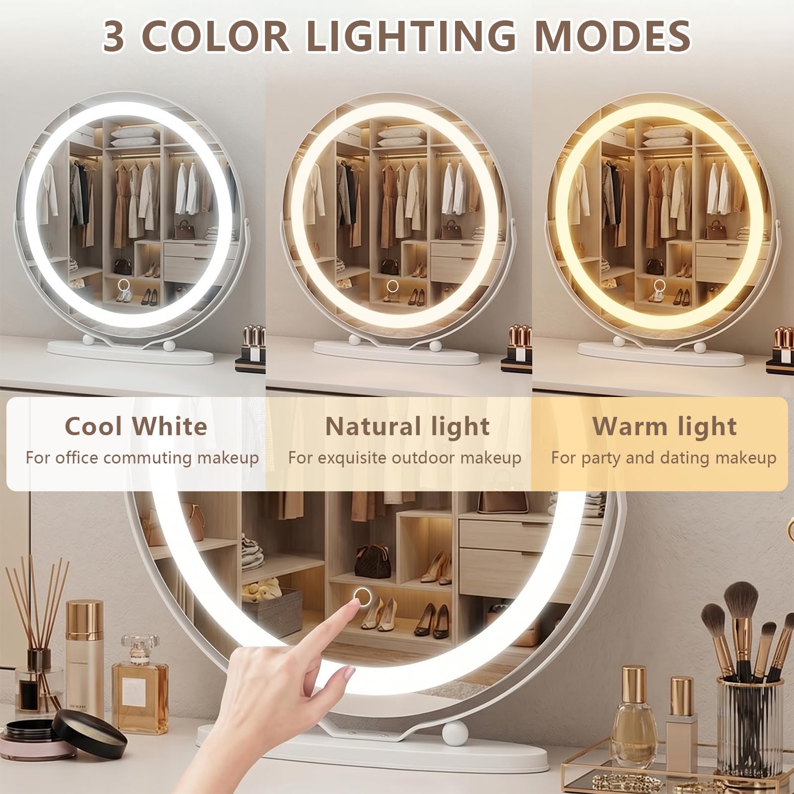 Miroir de courtoisie Hollywood avec lumières,Miroir de Maquillage Rond à Del de 48 cm avec 3 Modes d'éclairage, grossissement x10,contrôle Tactile,lumière à intensité Variable,Blanc