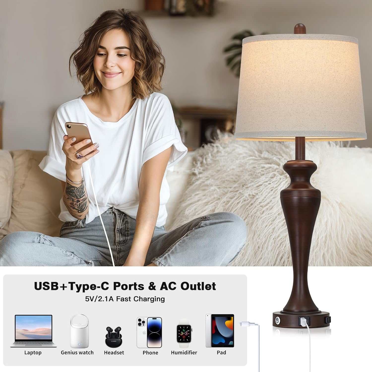 30" Brown Table Lamp Single, 3-Way Touch Control Bedside Lamp with USB A+C Ports and AC Outlet, Tall Living Room Lamps for End Table, Elegant Coffee Bedroom Lamps for Night Stand