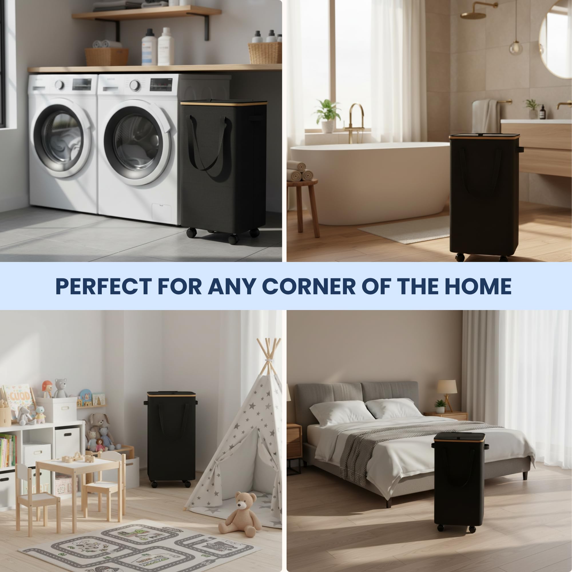 Cesto per Biancheria Sporco con Ruote e Coperchio 70L, Grande Cesto per Bucato Pieghevole con Sacco Interno Rimovibile e Maniglie, Ideale per Bagno, Camera e Lavanderia