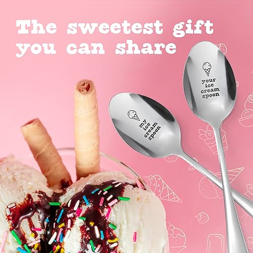 Miniatura 6 de IMPRESA Mine & Yours - Cucharas grabadas para helado para parejas, 2 unidades, acero inoxidable, asas largas de 8 pulgadas, cucharas divertidas para