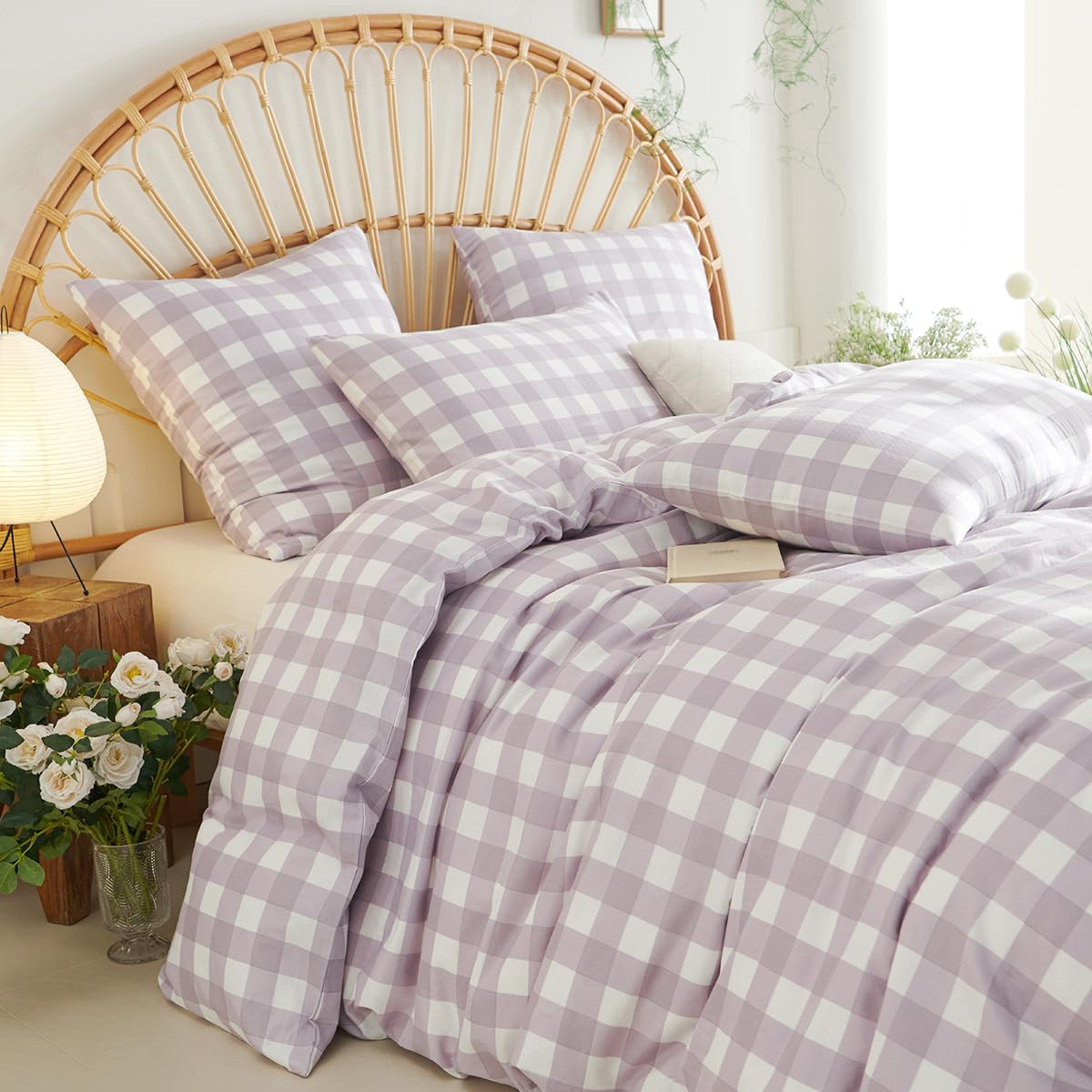 Muslin Duvet Cover King Size - Purple Plaid 100% Washed Cotton Gingham Duvet Cover, Soft Breathable Lightweight Linen Like Gauze Comforter Cover Set with Zipper Closure and 2 Pillowcases