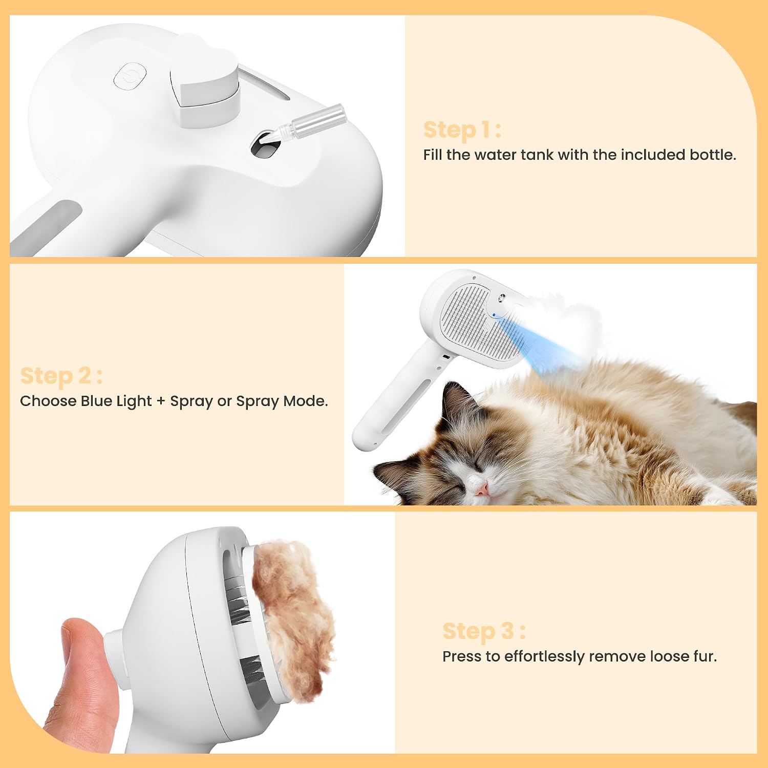 Pet Steam Brush for Dog & Cat, 4-in-1 Upgrade Steam Grooming Brush for Shedding and Hair Removal, Self Cleaning Spray Comb with Gentle Cool Mist for Long Haired Pets, Includes Waterless Shampoo