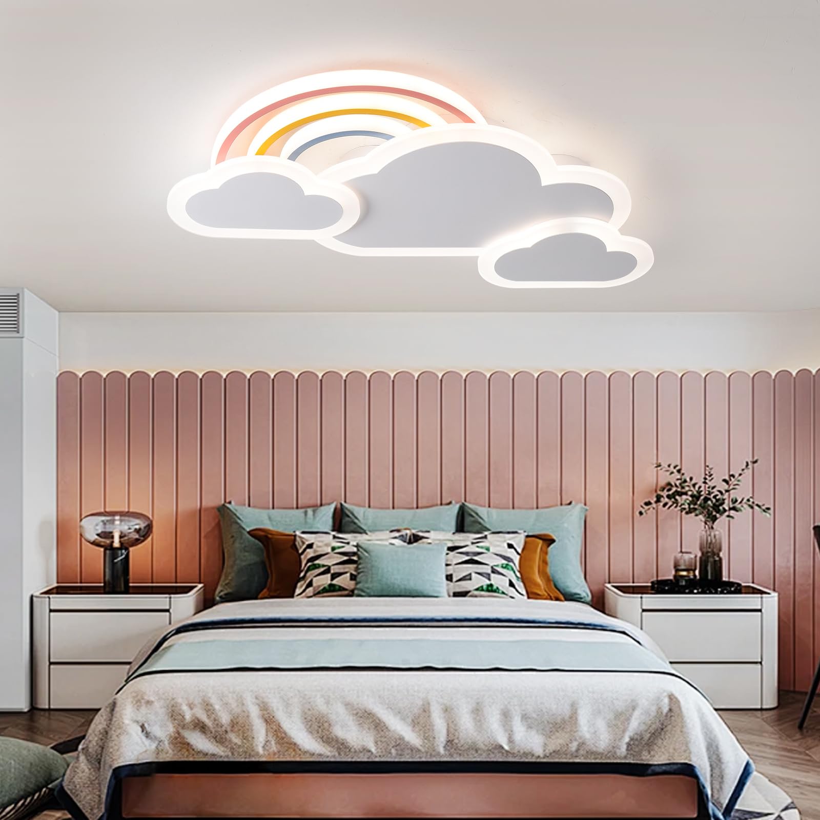 Plafoniera Cameretta Bambini 55cm/30W Dimmerabile Nuvole Arcobaleno Lampada da Soffitto con Telecomando＆APP, Lampade a Soffitto Bambini Ragazzi Ragazze Cameretta, Bianco