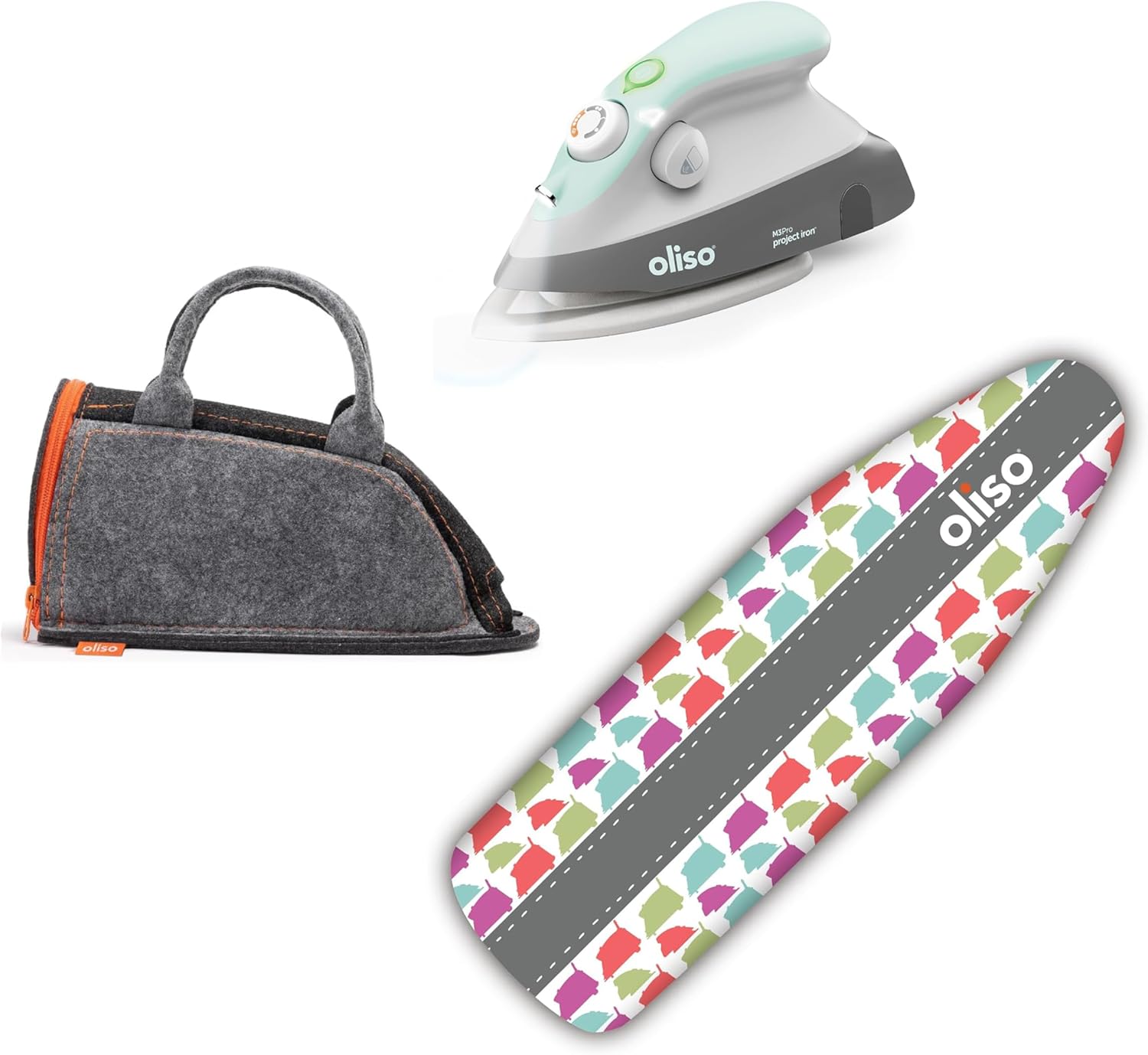 Oliso M3Pro Project Steam Iron with Solemate (Aqua) + Oliso Carry Bag for Mini Irons + Ironing Board Cover (Silhouette)