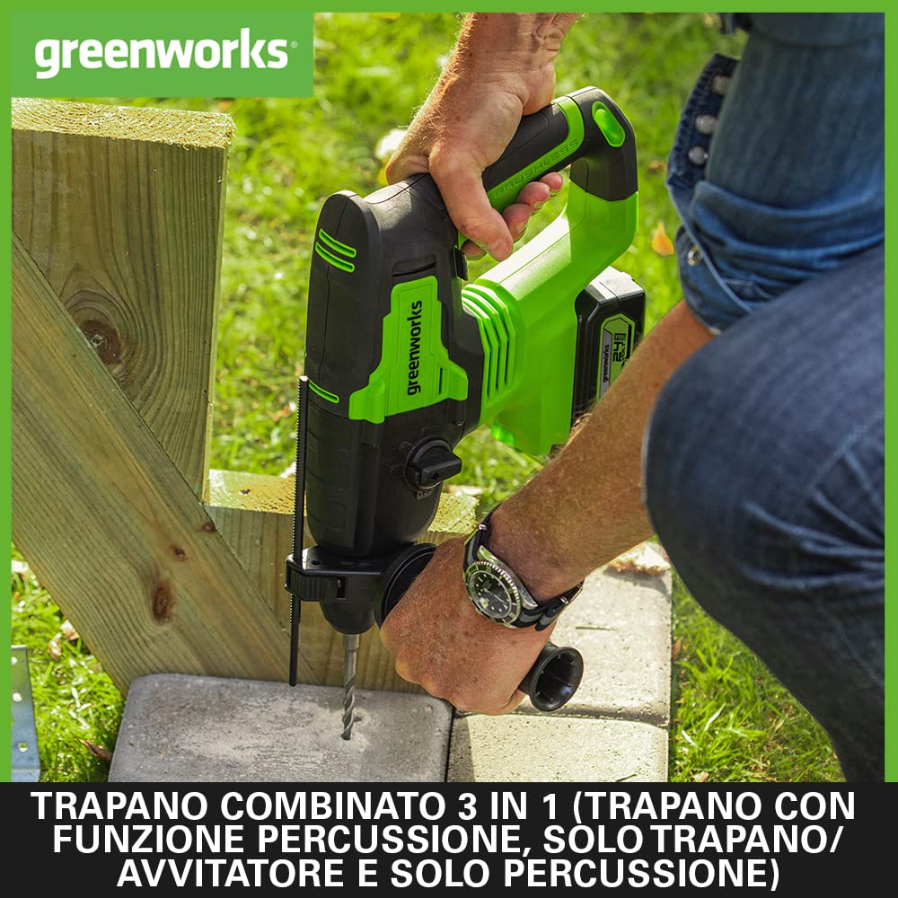 Greenworks GD24SDS2 Trapano a Percussione SDS a Batteria, Motore Brushless, 0-1000 giri/min, 0-4500ipm, 2 Joule di Coppia, SENZA Batteria 24V e Caricabatterie, Garanzia 3 Anni