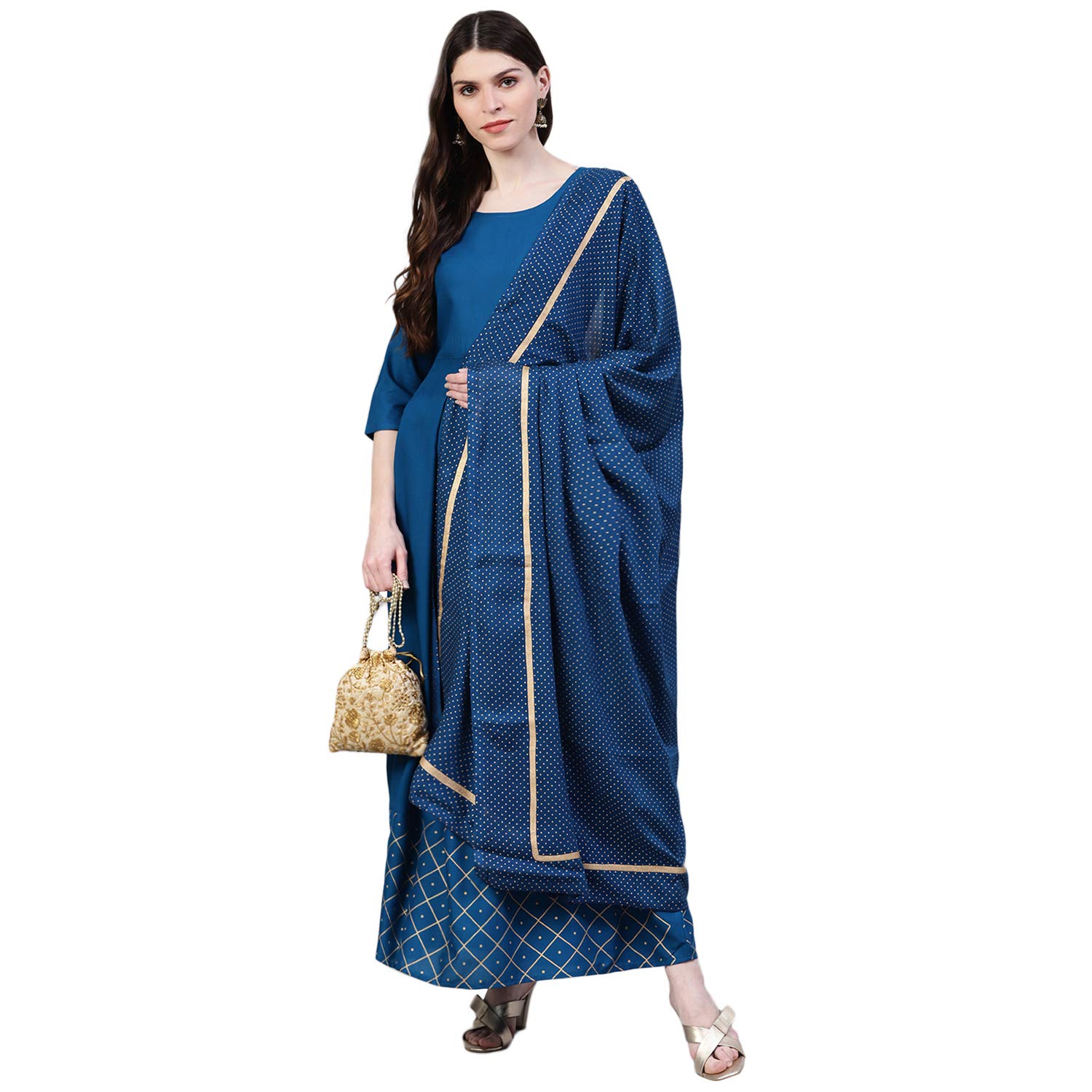 Stylum Women's Checkered Rayon Flared Kurta With Dupatta Set (Tealtrianglekdset42_Teal Blue, Xl)