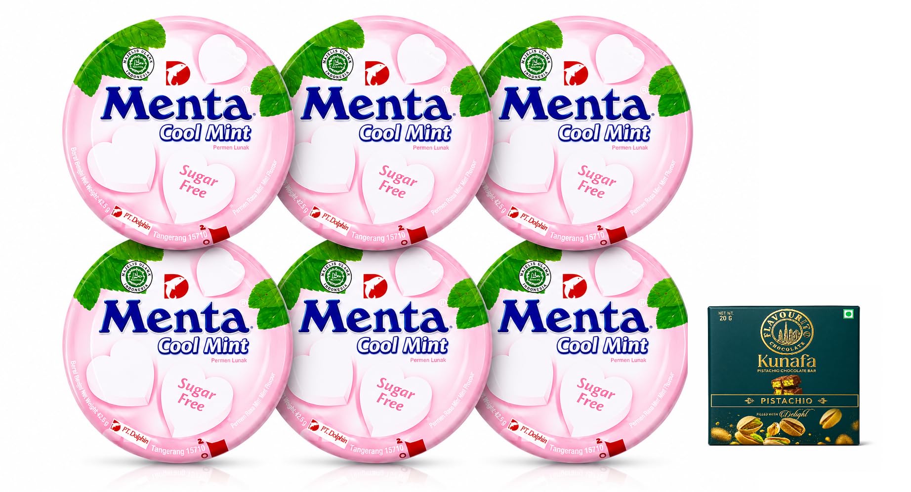 Menta Cool Mint Sugar Free Soft Candy, Premium Sugar-Free Breath Freshener, Reusable Pocket Tin, Long-Lasting Freshness, 30g Each, Pack of 6, Free Flavourito Kunafa Pistachio Chocolate Bar 20g by Decadent Foods,(Imported from Indonesia)-image-28