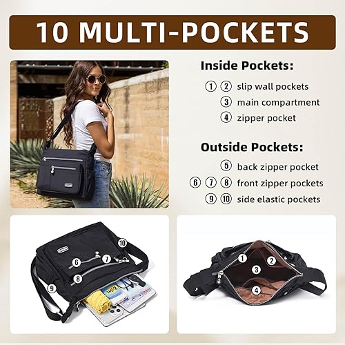Miniatura 5 de Bolso cruzado para mujer, con múltiples bolsillos, impermeable, de nailon, bolso cruzado ligero para mujer