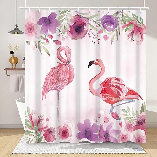 Cortinas de ducha de flamenco rosa para baño, cortina de ducha floral de 72 pulgadas de ancho x 72 pulgadas de largo, hoja de palma verde, planta