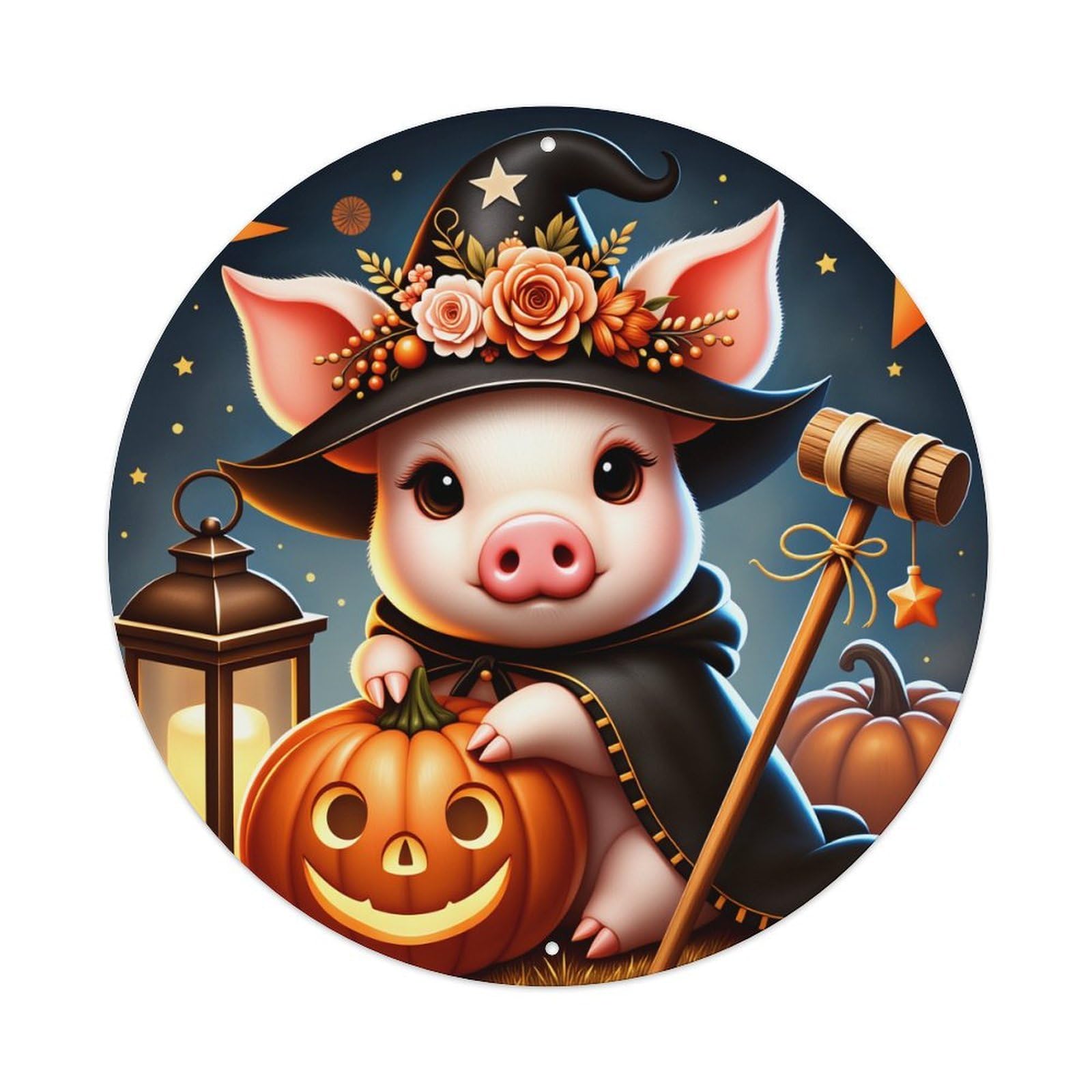 Cute Pig Witch Halloween Pumpkin Metal Tin Sign Vintage Garden Bedroom Cafe Bar Man Cave Home Wall Decor Metal Poster 8x8 inches
