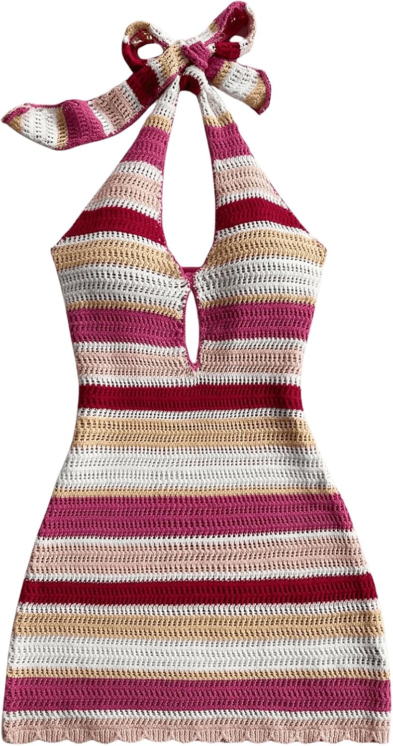 SOLY HUX Women's Striped Bodycon Halter Dress Sleeveless Cut Out Backless Beach Vacation Mini Knit Dresses