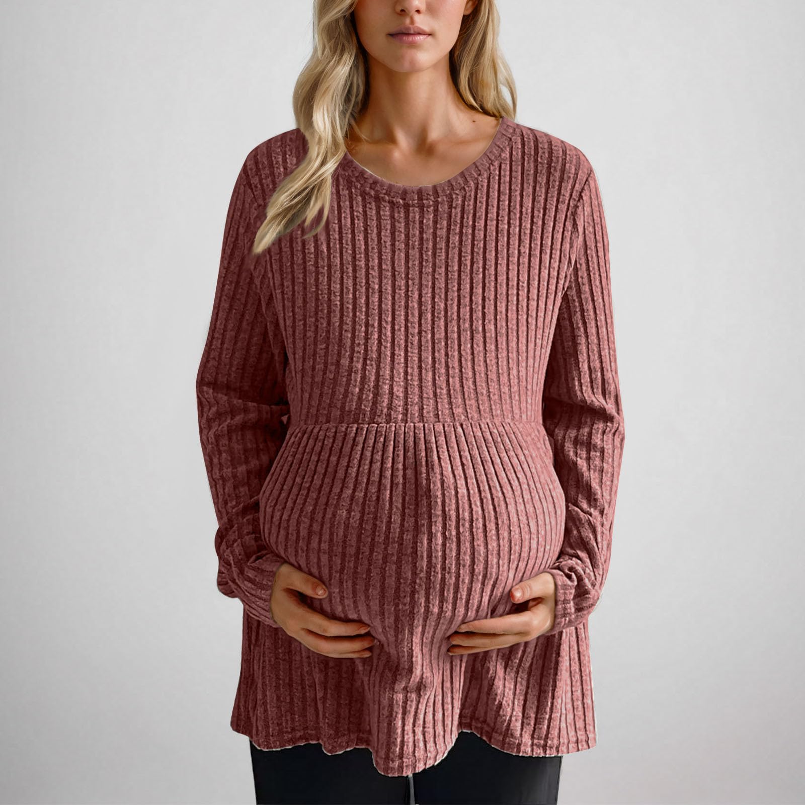 Keepink Haut de maternité uni extensible en tricot côtelé à manches longues pour femme - Pull ample - Tunique ample - Pull d'allaitement confortable pour la grossesse et le repos prénatal