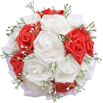 Artificial PE Rose Wedding Bouquet, Handmade Bridal Bridesmaid Holding Bouquet with Diamond Fake Flower Toss Bouquet for Wedding, Party, Church Decoration Red + White