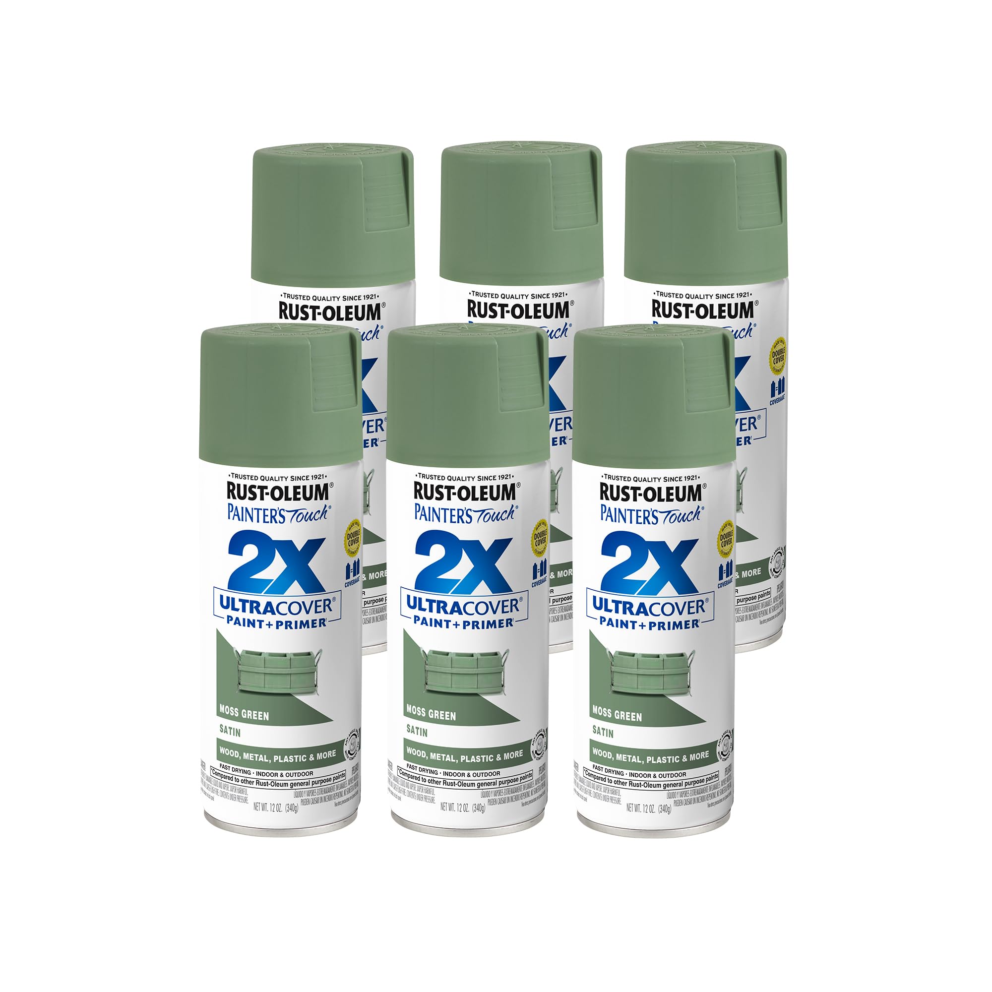 Rust-Oleum 249071-6PK Painter's Touch 2X Ultra Cover Spray Paint, 12 oz, Satin Moss Green, 6 Pack