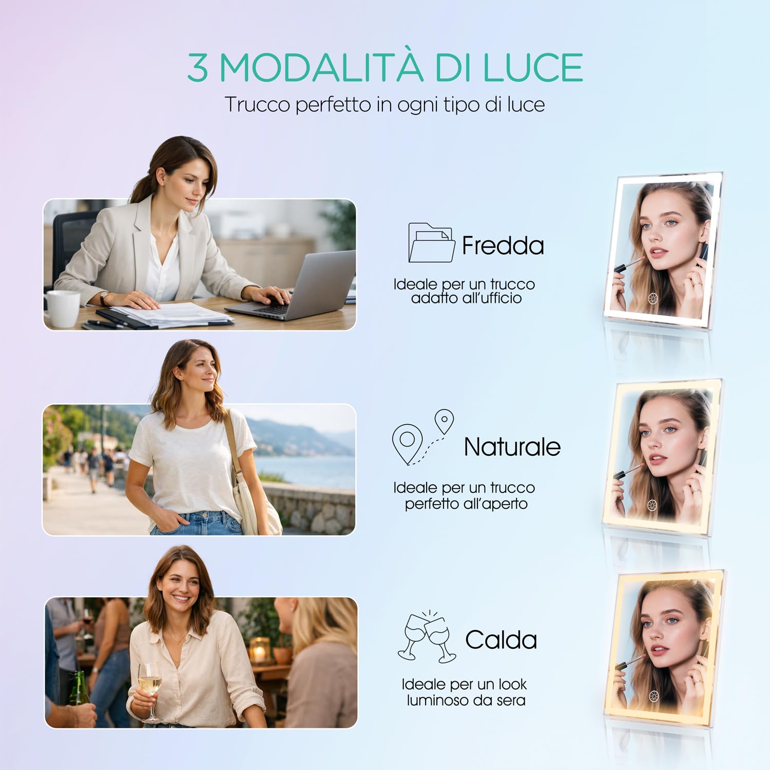 VOYOR Specchio Trucco con Luci, 30 x 25 cm Specchio Ricaricabile con 3 Modalità Luce, Touch Intelligente, Ingrandimento 10X, Specchio LED per Toeletta, Scrivania e Camera da Letto, Bianco