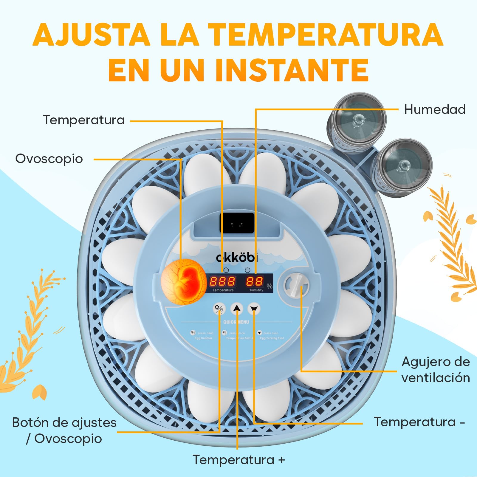 Incubadora de Huevos Automática 12 Huevos – Giro Automático, Control de Humedad, Luz para Revisar Huevos, Botellas de Agua, Ventilación, Vista 360°