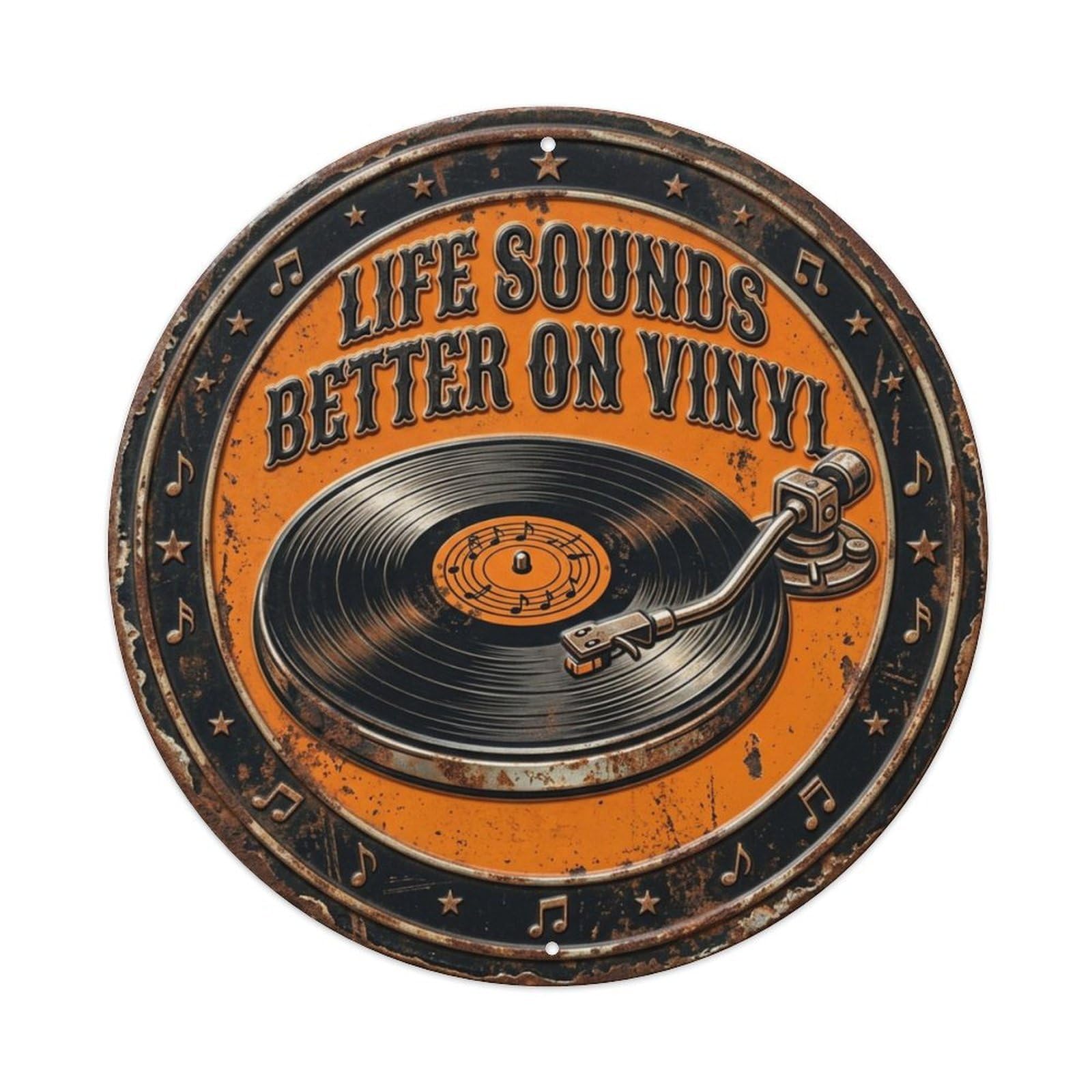 Record Player Vinyl Livingroom Metal Tin Sign Plaque Wall Decor for Cafe, Club Bar, Office, Home Garden Round Metal Poster 8x8Inch