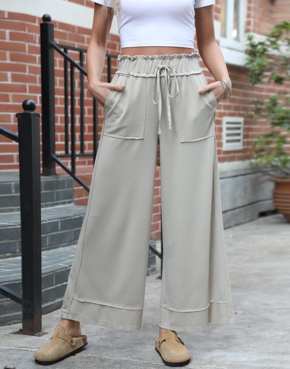 Womens Wide Leg Pants High Waisted Adjustable Drawstring Palazzo Pants Lounge Flowy Dress Trousers with Pockets - Image 2
