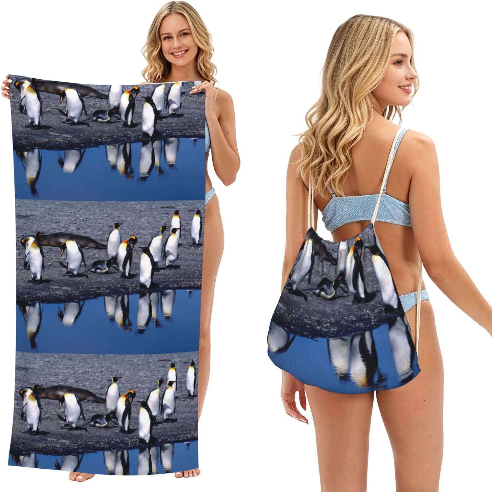 Poadnly As Picture Penguin, 2 In 1 Packable Towel Bag, Beach Towels With Drawstring Backpack For Travel Holiday Camping