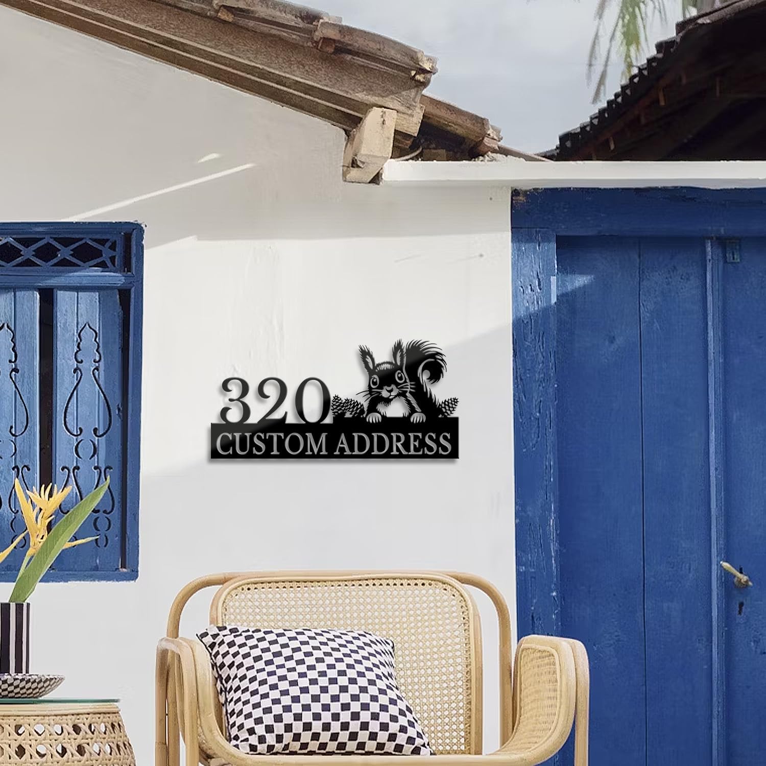 Custom Squirrel Address Plaque, Personalized Outdoor House Numbers Sign, Animal Themed Black Metal Wall Art for Garden Yard Front Door Patio Decor, Home Office Decor (Style-1)