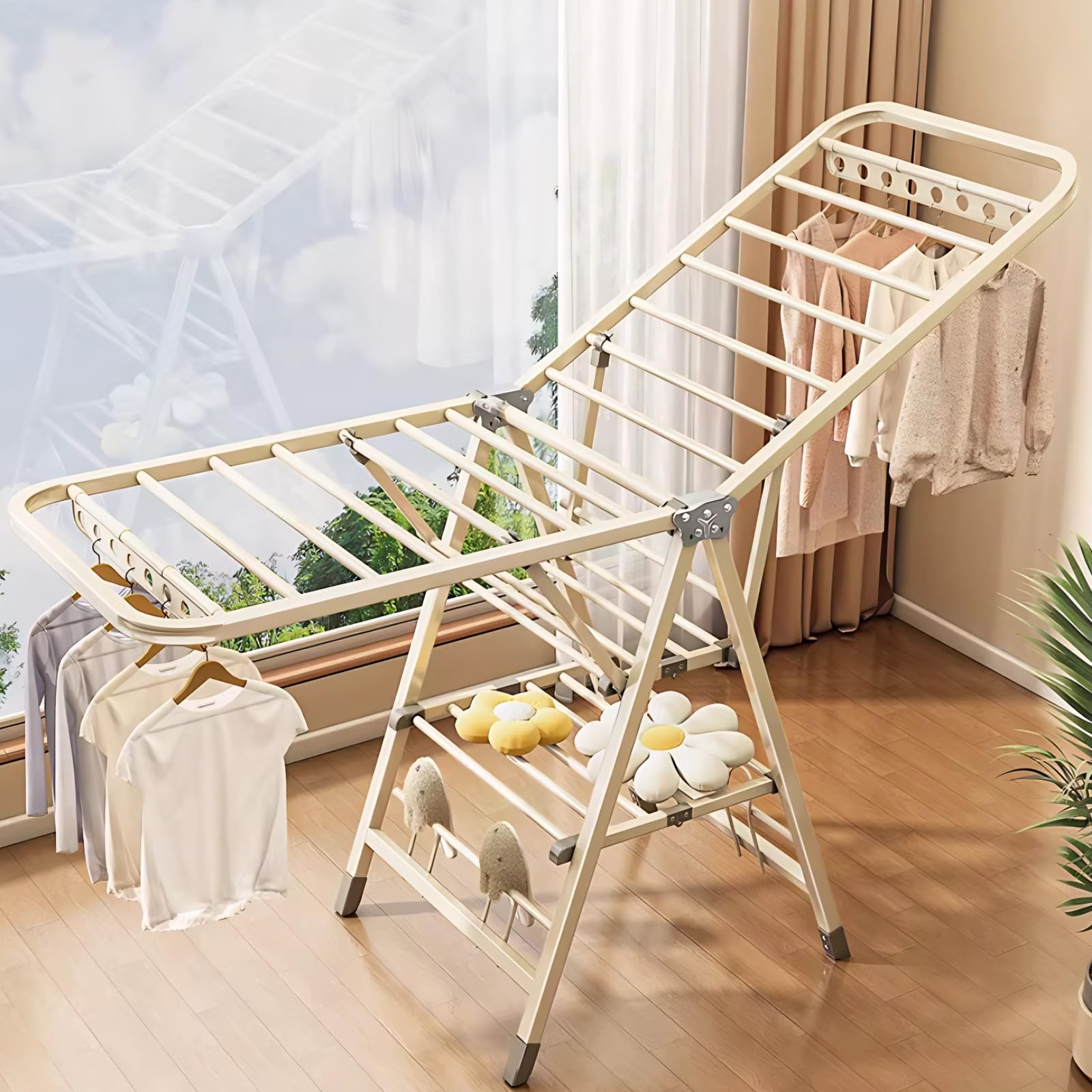 Stendibiancheria pieghevole a 3 livelli, altezza regolabile con scarpiera, stendibiancheria autoportante per interni, per camera da letto, soggiorno, balcone