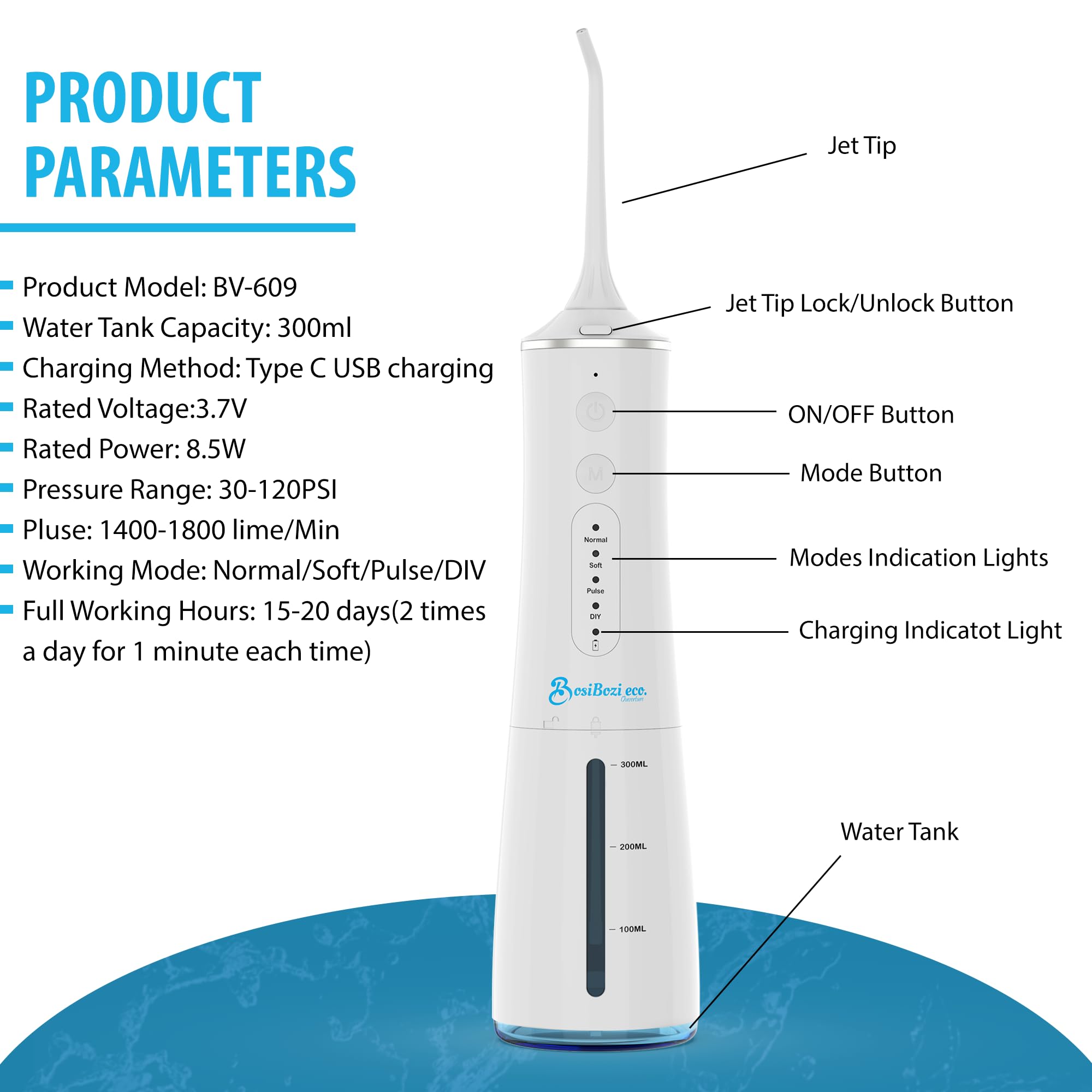 BosiBozi - Hilo dental recargable para dientes, 4 modos, inalámbrico y portátil, tanque de 300 ml, hilo dental impermeable IPX7, cable de carga USB-C, 3 cabezales de chorro, 1 raspador de lengua