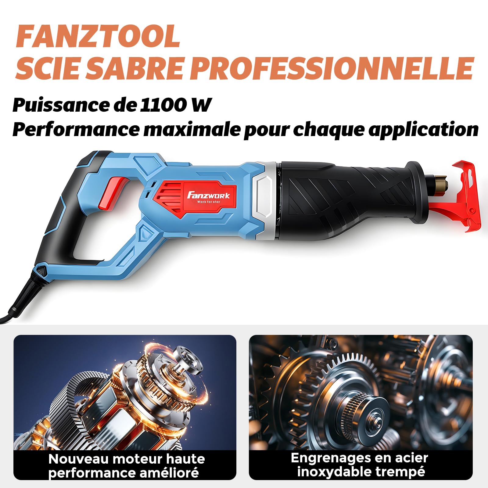 FANZWORK Scie sabre électrique 1100W – Scie alternative avec 0–2500 SPM, LED, Lame Incluse, Câble de 4 m – Pour le bois, le Métal et le Plastique, etc. – Changement de lame sans outil