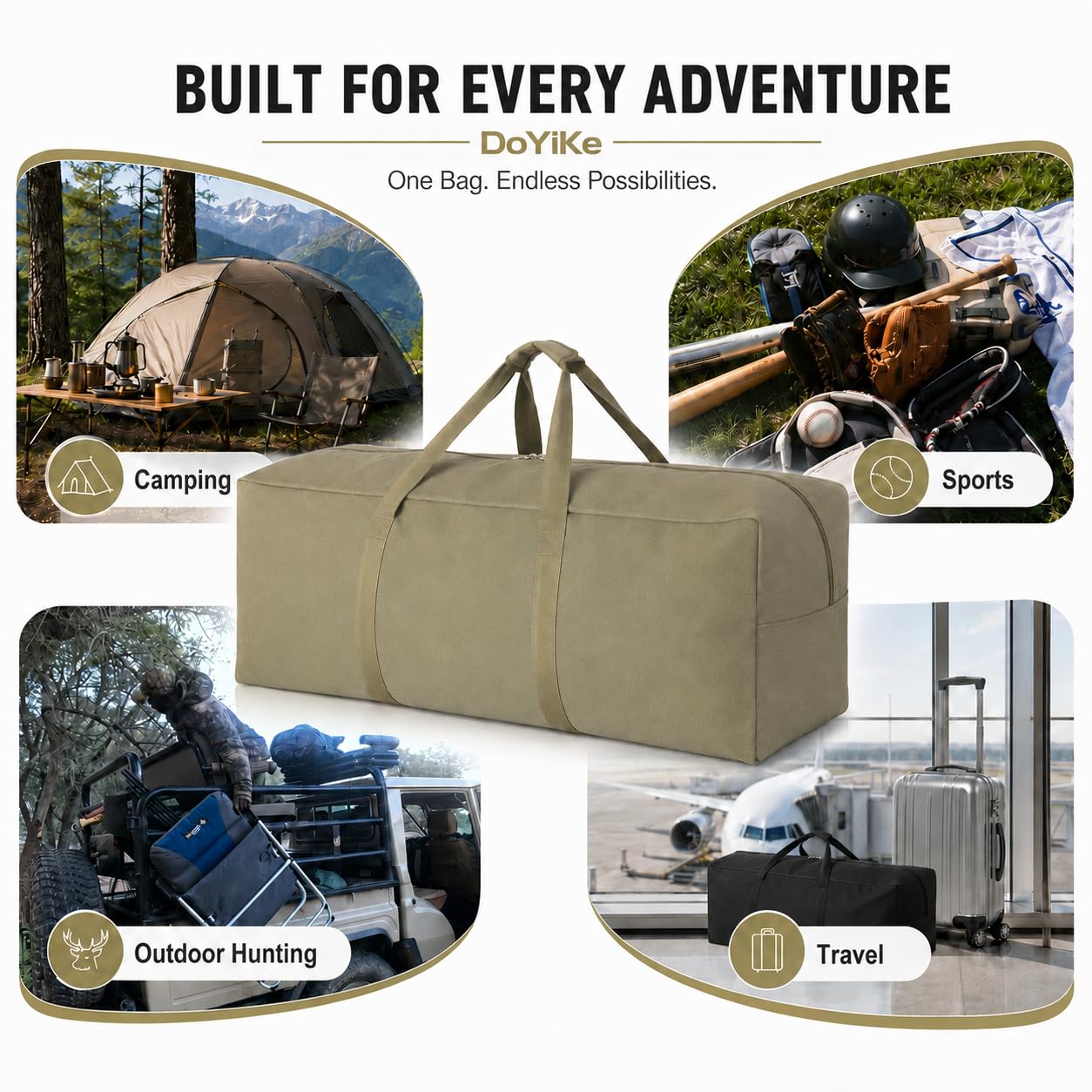 DoYiKe Extra große Reisetasche aus Segeltuch, strapazierfähig, für Reisen, Sport, Militär, Camping, Zelt, Schwarze Seitenöffnung, XX-Large, Robust und strapazierfähig