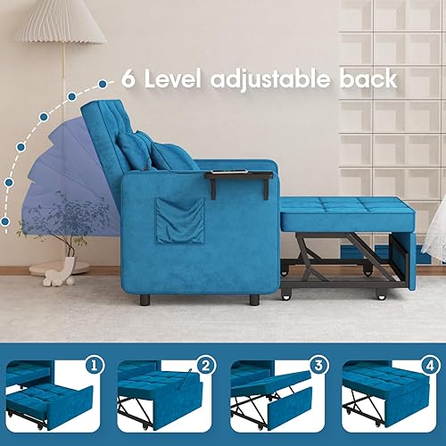 Miniatura 4 de Vabches Silla de sofá cama con mesa de ala y salida de puertos USB, sofá cama 3 en 1 con dos almohadas, silla de terciopelo con respaldo ajustable,