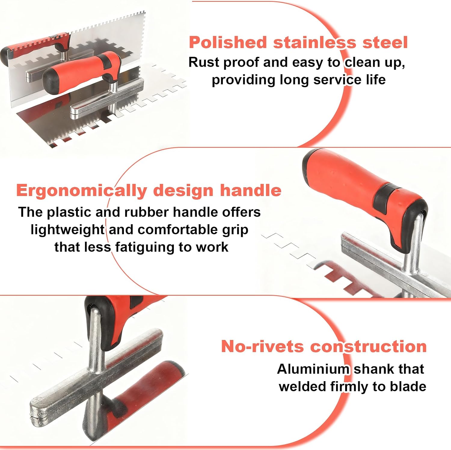 Acrux7 7PCS Tile Tools with Square Notched Tile Trowel Set and Grout Float | 3 notch sizes: 5/32, 5/16, 1/2 in, stainless steel trowels, rubber grout float, 2 sponges and gloves, for tiling installation