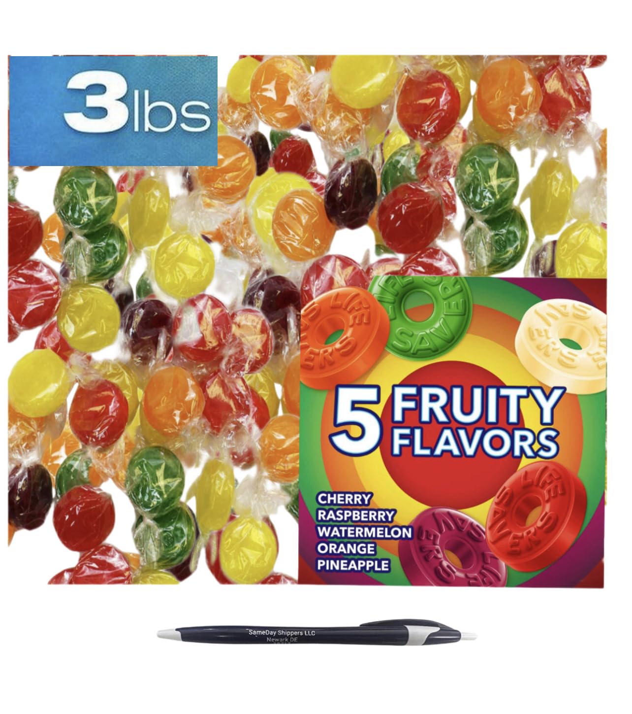 LIFESAVERS - LIFE SAVERS Hard Candy 5 Flavors, Cherry, Raspberry, Watermelon, Orange, and Pineapple Lifesavers Individually Wrapped Candy. 3 LBS Bag -SameDay Shippers offers Free Pen