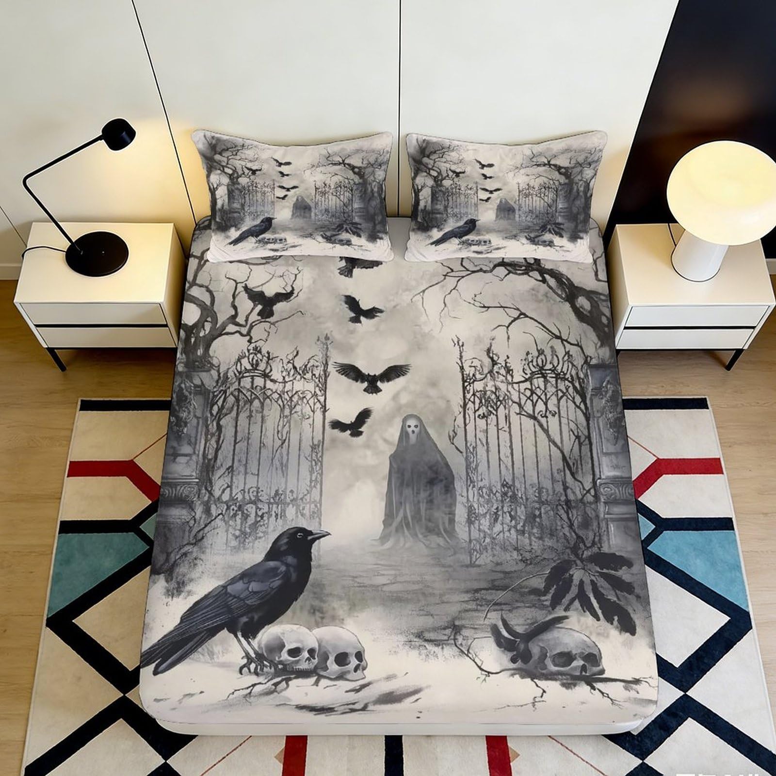3D Printed Raven Forest Fitted Sheet Microfiber Non-Slip Deep Pocket Raven Forest Mattress Fitted Cover for Bedroom 140x200x25cm