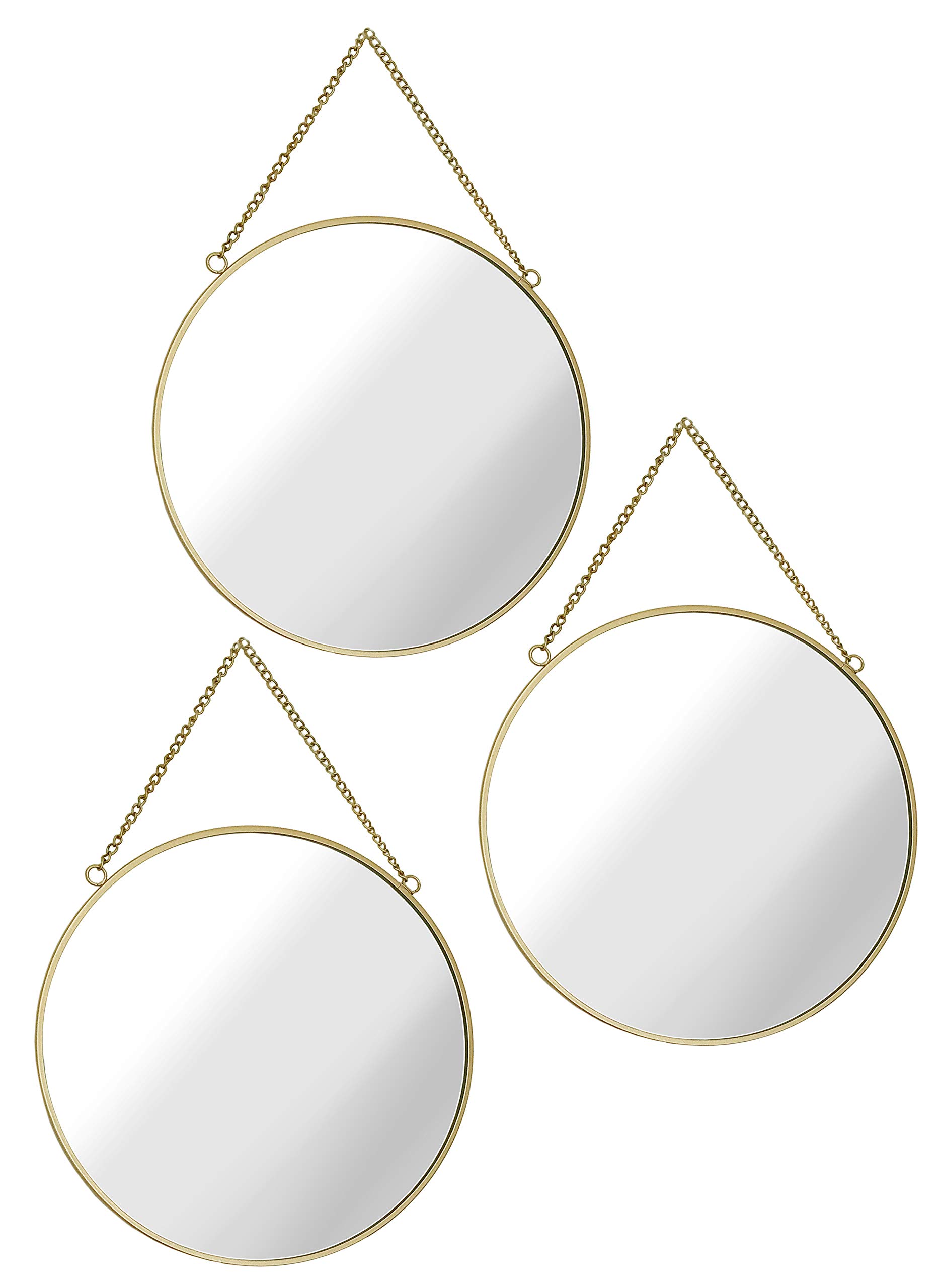 GreyZouq Set of Three Round Wall Mirrors with Gold Metal Rim and Chain, 25 cm, Set of 3, Gold. Suitable for bedroom bathroom