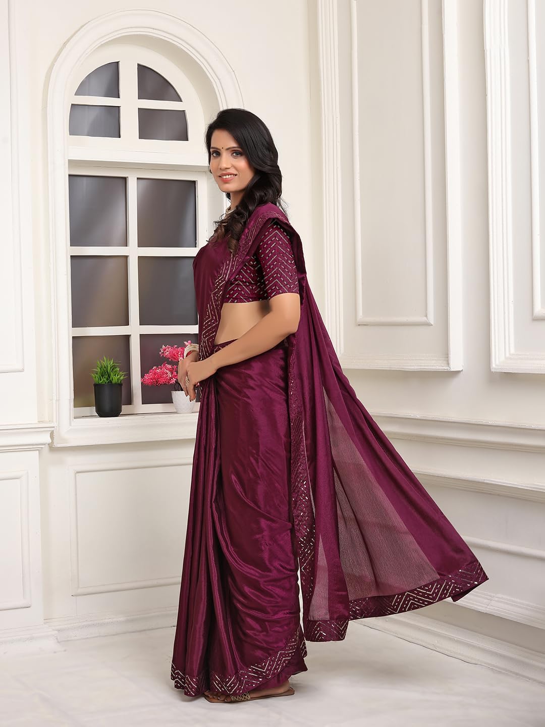 Women's Ready to Wear Chinon Silk 1 Minute Pre Pleated Indian Plain Embroidered Lace Border Saree With Blouse Piece