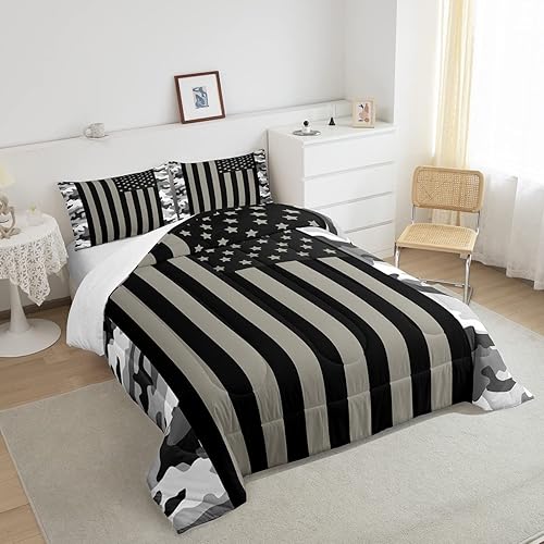 Miniatura 4 de Erosebridal Juego de edredón de bandera estadounidense, edredón de camuflaje militar gris, tamaño Queen, negro, blanco, gris, camuflaje, bandera de