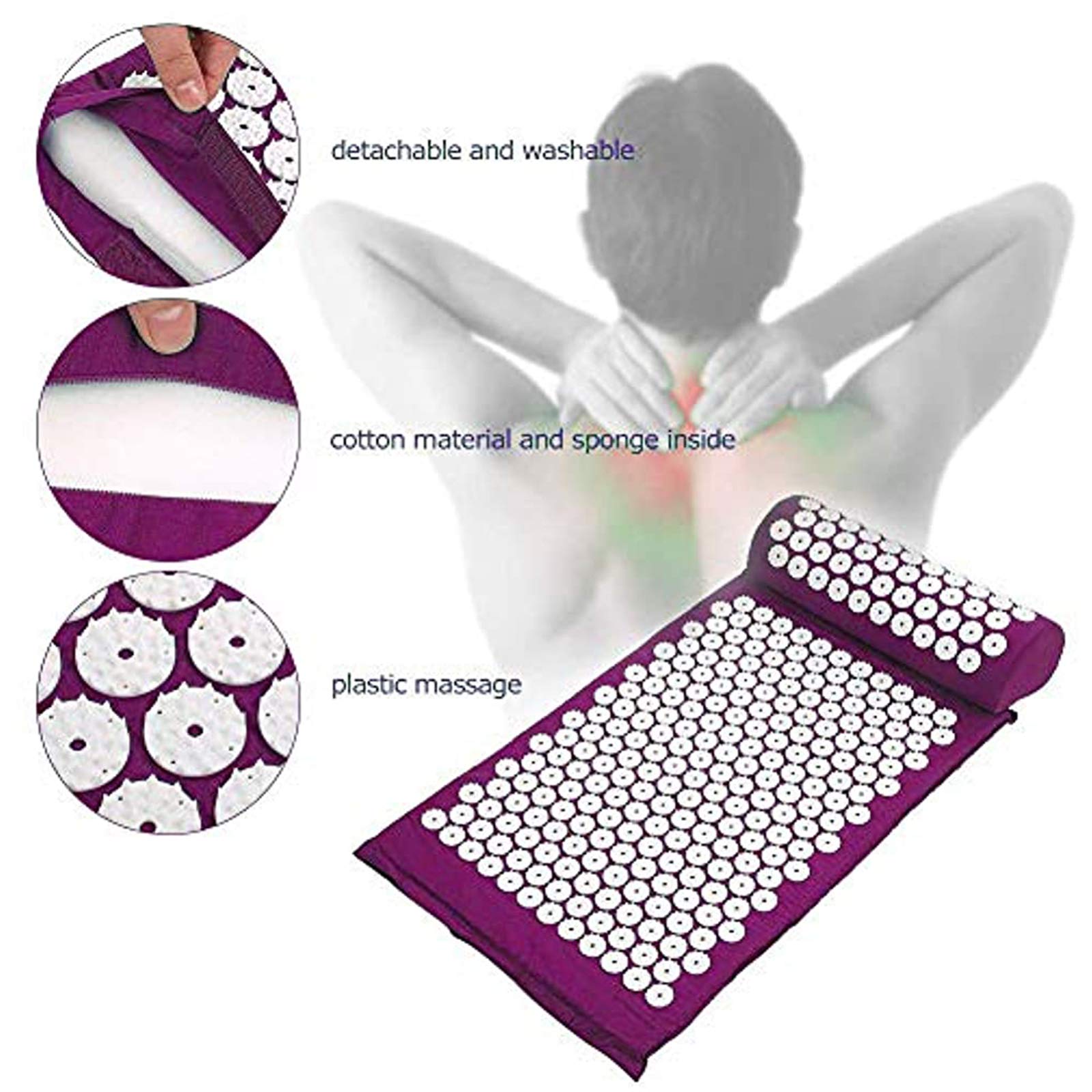 Akupressur-Set, Akupressurmatte Mit Akupressur-Kissen Im Günstigen Set, Vitalisierende Matte Für Den Rücken Und Kissen Für Den Nacken, Wohltuende Entspannungsmatte,Lila