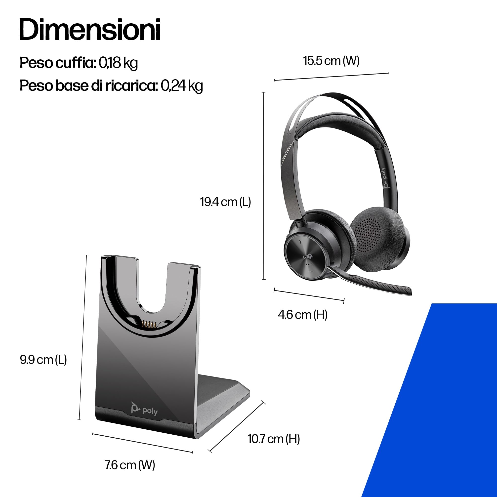 Poly Voyager Focus 2-M USB-C-C Headset con adattatore USB-C/A e supporto di ricarica A4HT5AA con cancellazione attiva del rumore e tecnologia Acoustic Fence