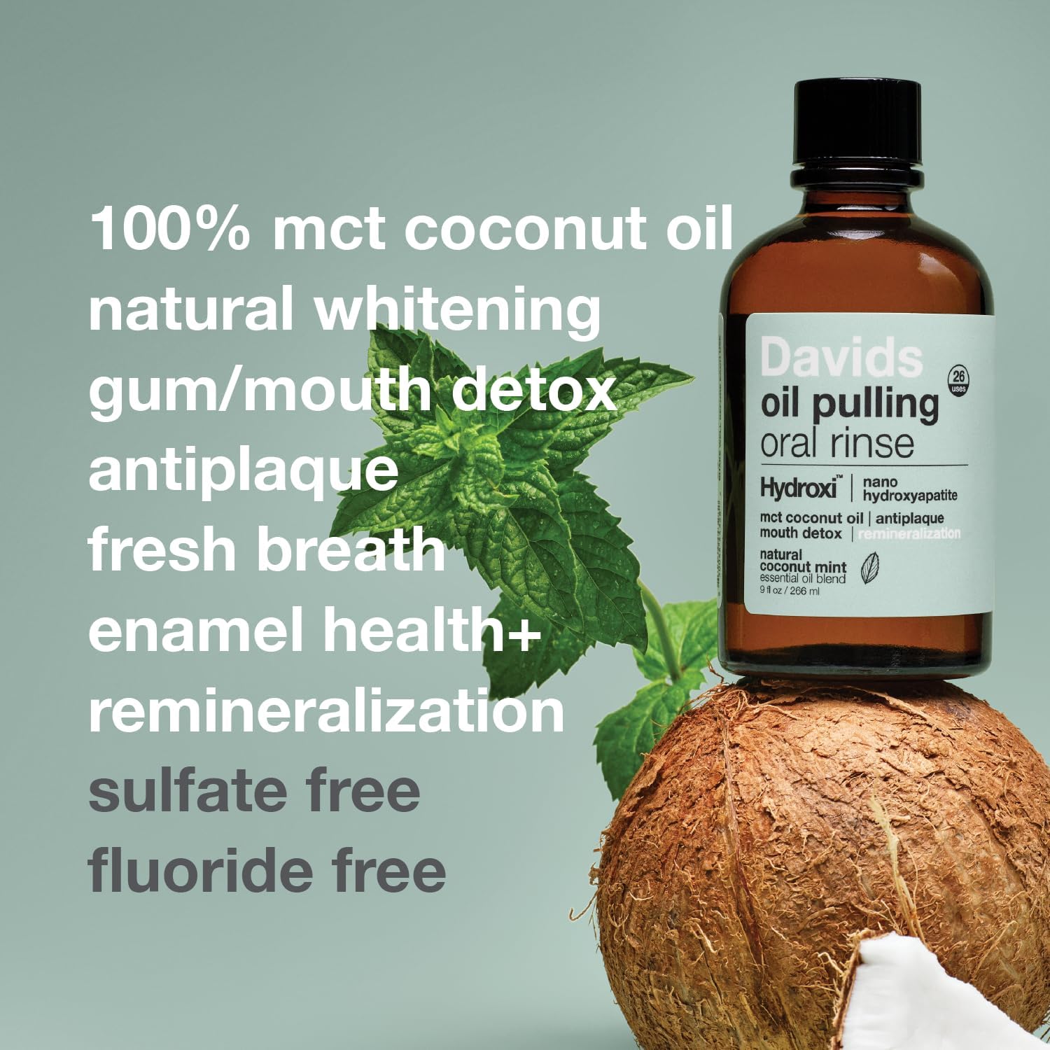 Davids Nano Hydroxyapatite Oil Pulling Oral Rinse Mouthwash, 100% MCT Coconut Oil, Promotes Teeth and Gum Health, Natural Whitening, Essential Oils to Fight Plague & Freshen Breath, Mint Flavor, 9 oz - Image 3