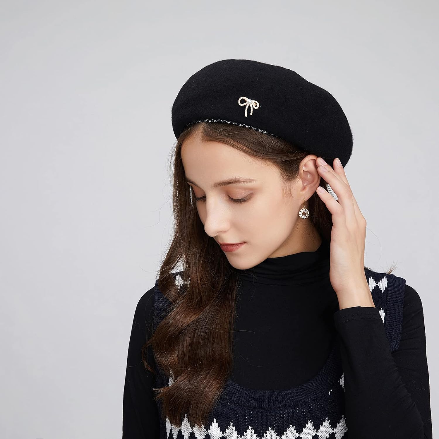 BeFur Ladies Beret Classic French Artist Women Hat Wool Cloth Soft Glace Beanie with Antenna