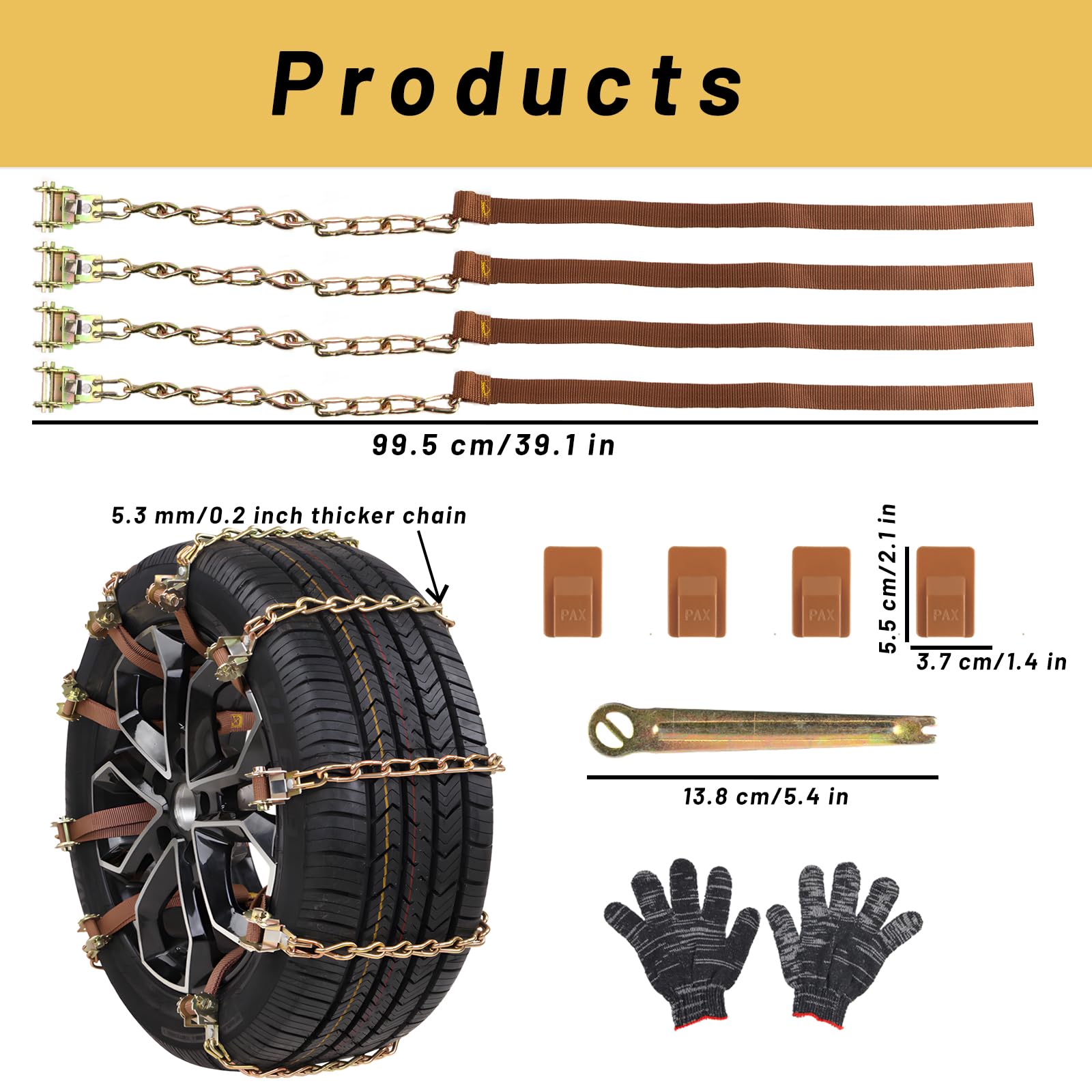 Ensemble Chaînes à Neige Shyllin pour Voiture - 4 Pcs, Antidérapantes, Universel, Réglables pour Pneus de 165 à 285 mm