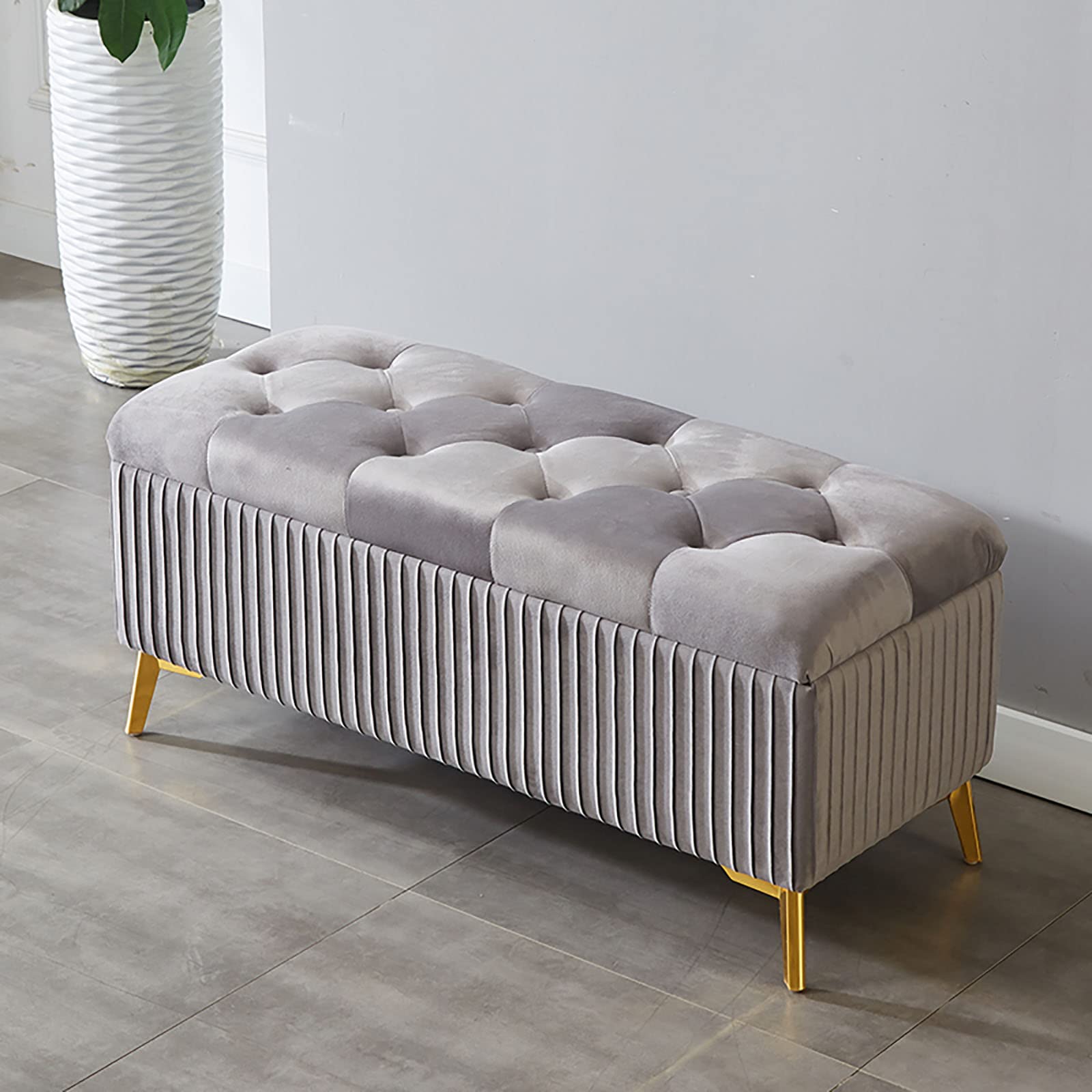LMMIAOZ Modern Velvet Upholstered Storage Foot Stool Bench for Living Room Grey 80x39x45cm